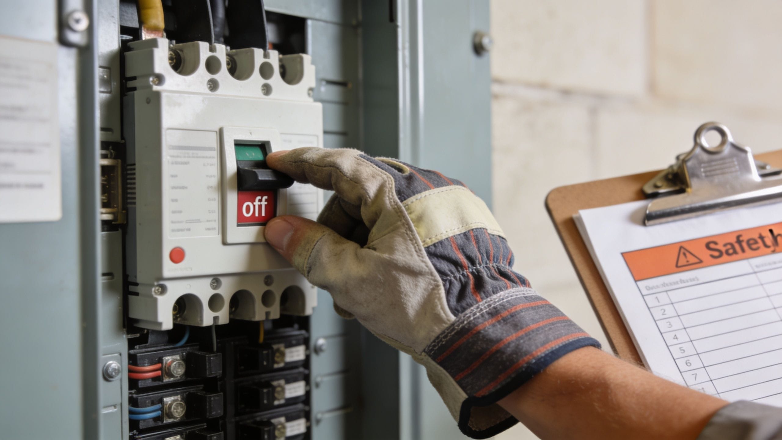 An electrician wearing protective gloves turns off a heavy-duty electrical circuit breaker inside a metal panel.