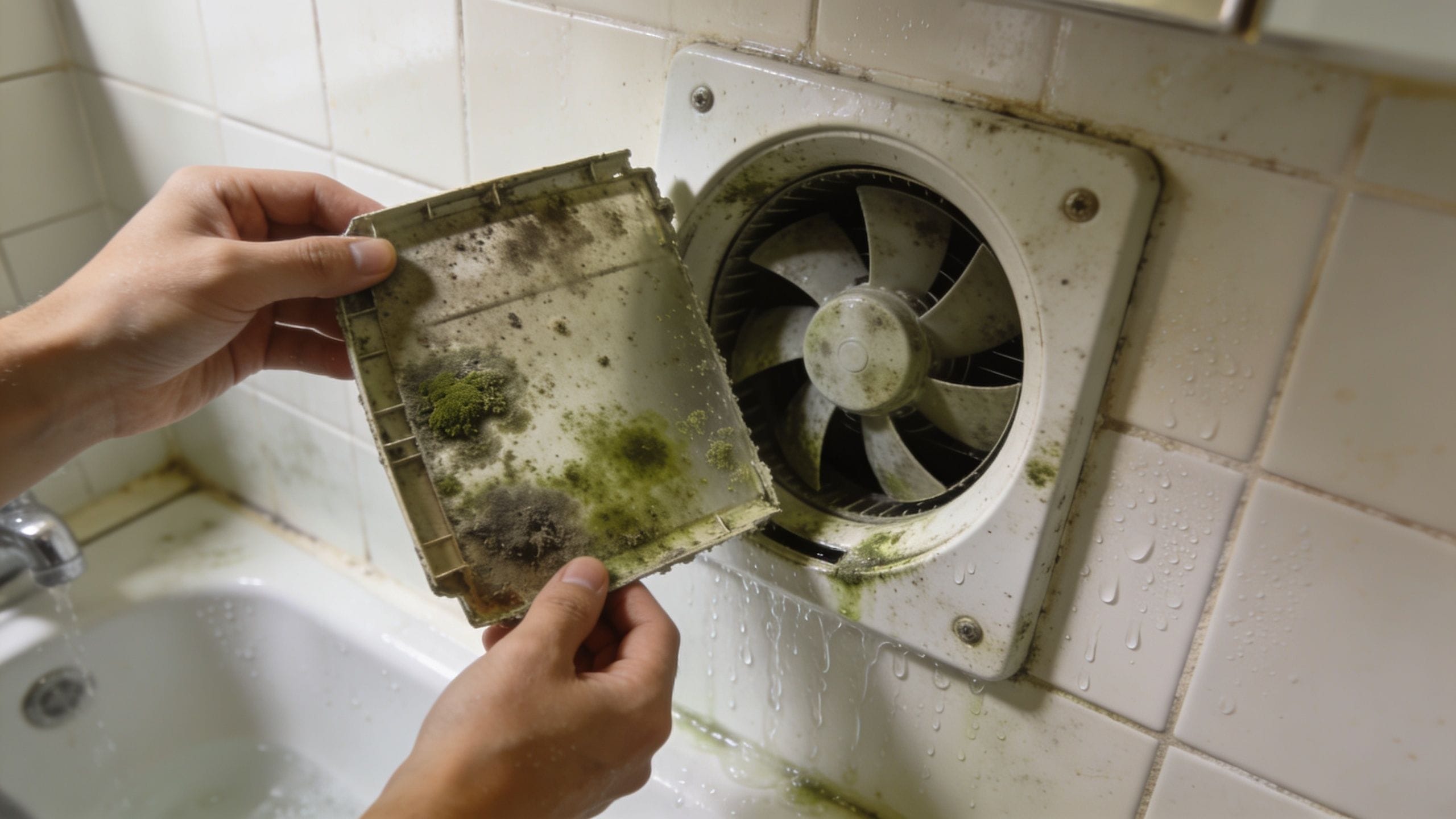 A person cleaning a moldy bathroom exhaust fan filter in a tiled shower area.
