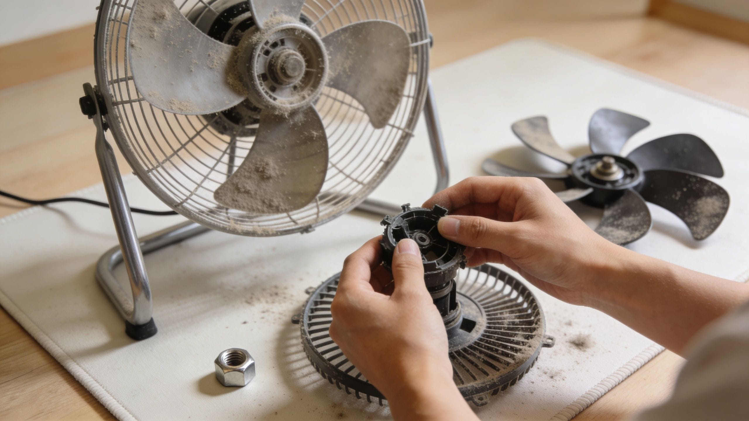 A person disassembling and cleaning a dusty electric desk fan on a white mat at home.