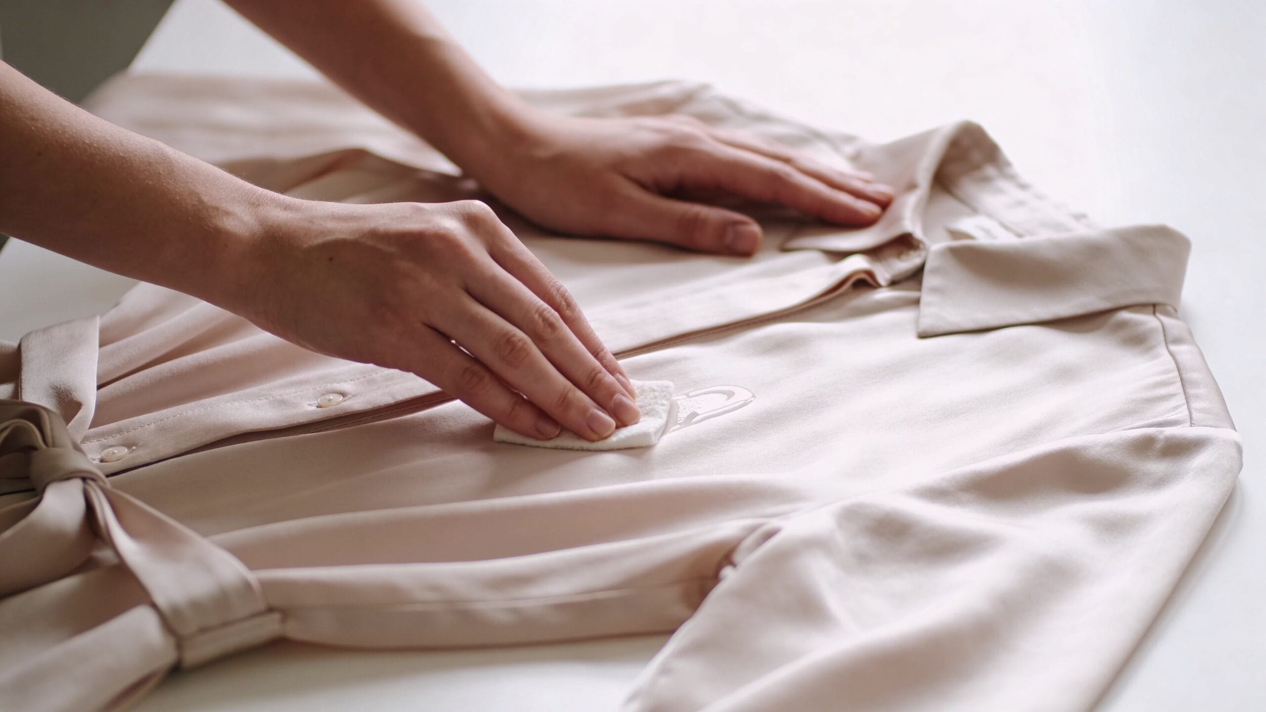 A close-up view of hands using a cotton pad to spot clean a stain on a dress