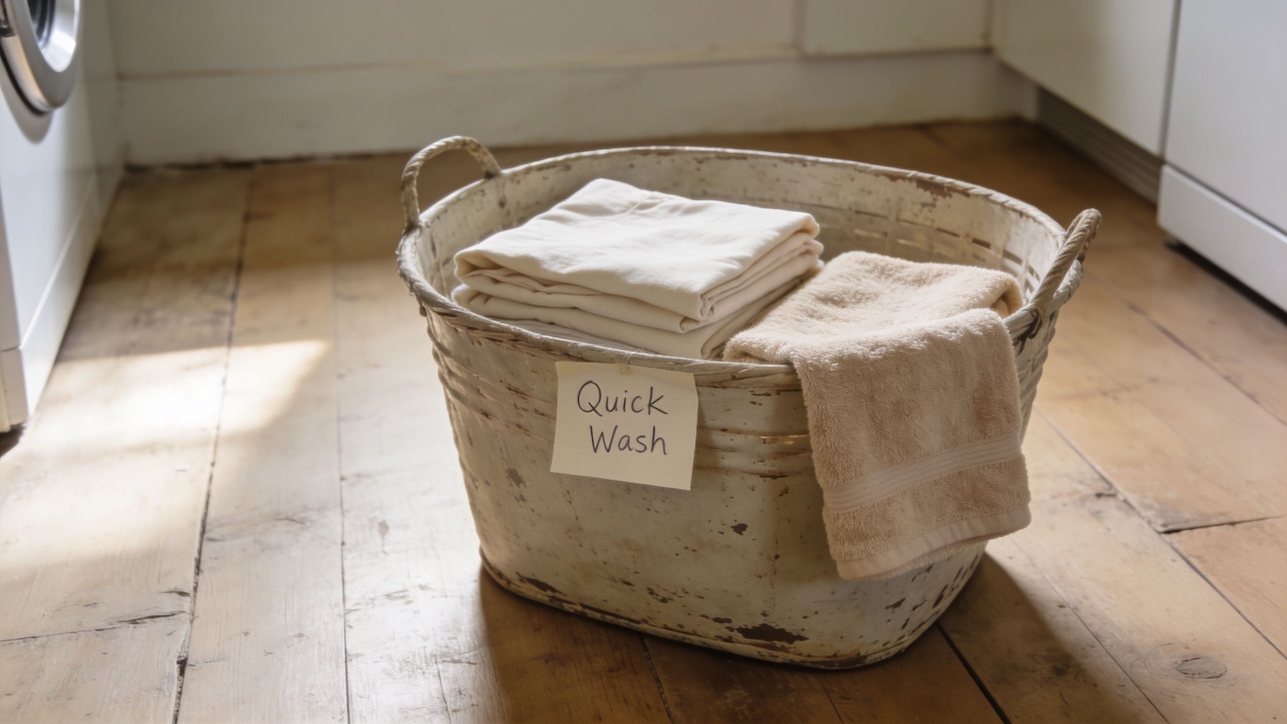 A rustic vintage wash tub filled with folded bed sheets and a towel on a wooden floor.