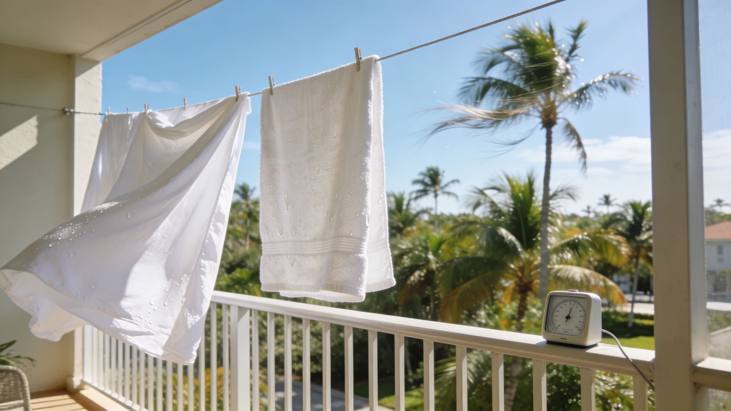 White laundry hanging on a clothesline on a balcony with palm trees in the background.