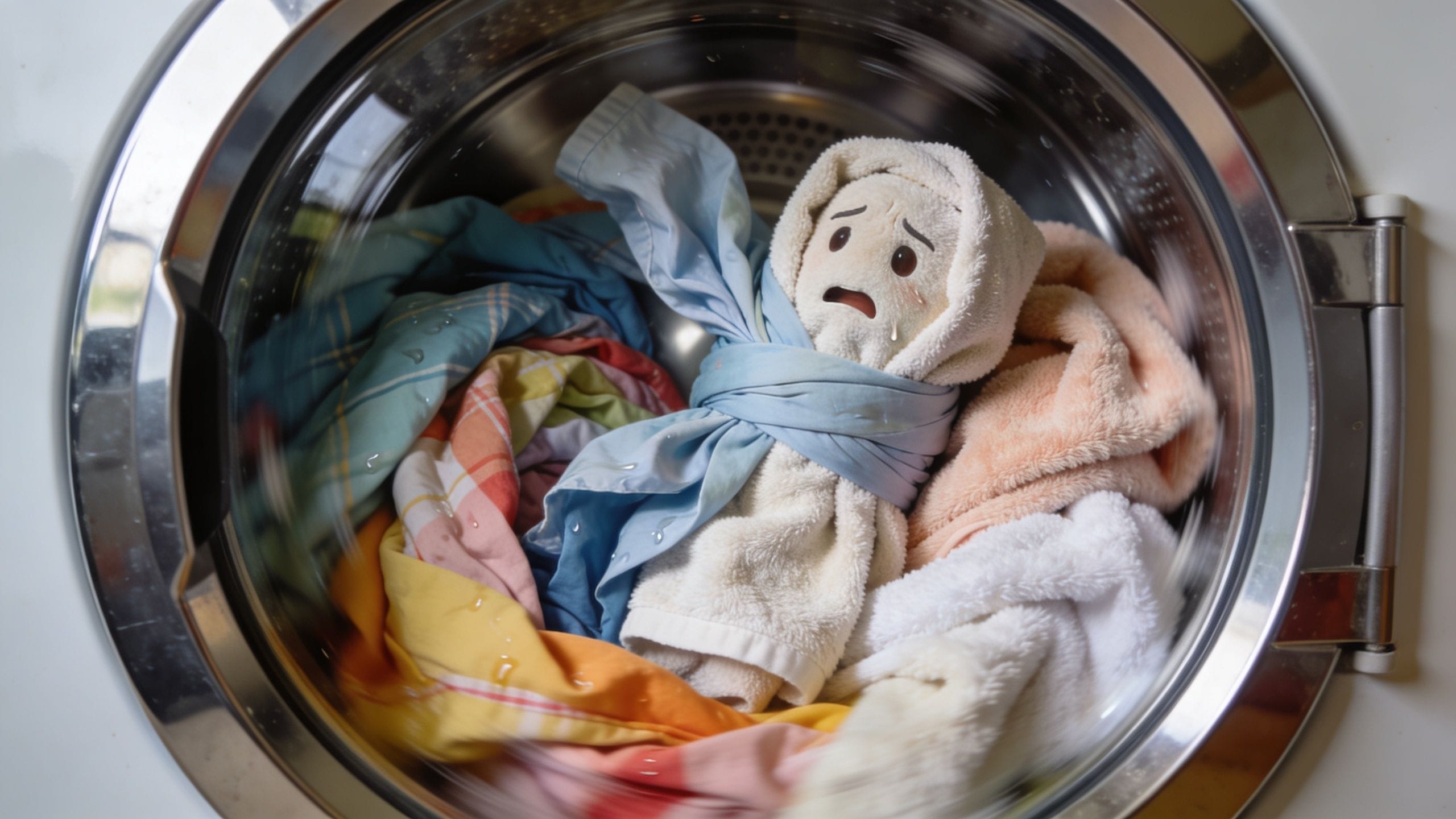 A frightened, anthropomorphic towel character with eyes and a mouth tumbling inside a washing machine with laundry.