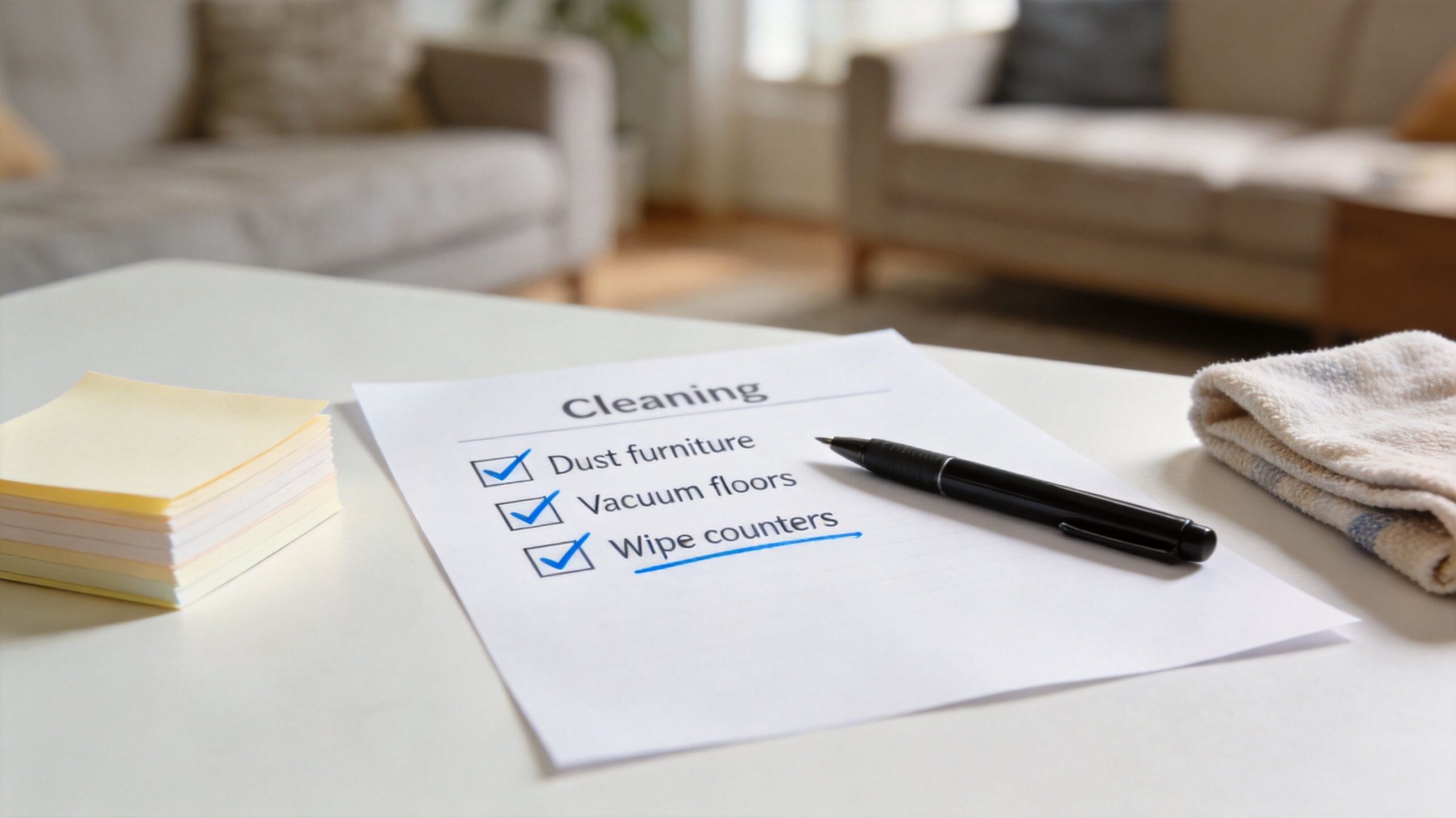 A checklist labeled Cleaning with completed tasks resting on a white table with a pen.