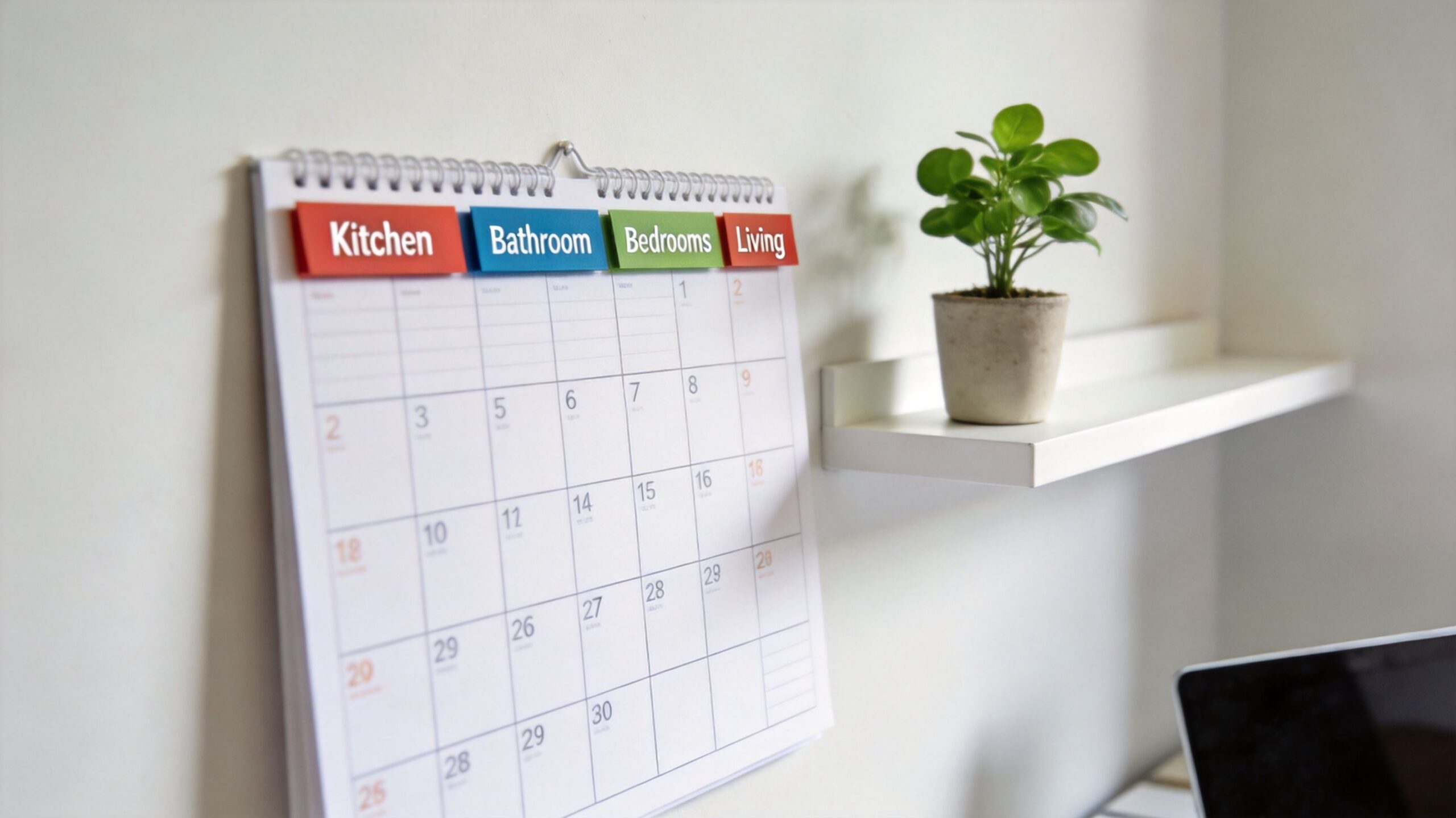 A wall calendar with a cleaning schedule for different rooms hanging next to a small potted plant.