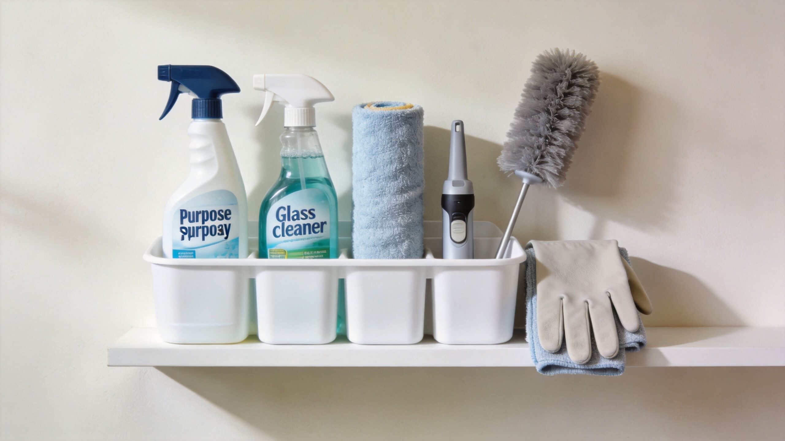 Cleaning supplies in a white organizer on a shelf, including sprays, a cloth, duster, and gloves.