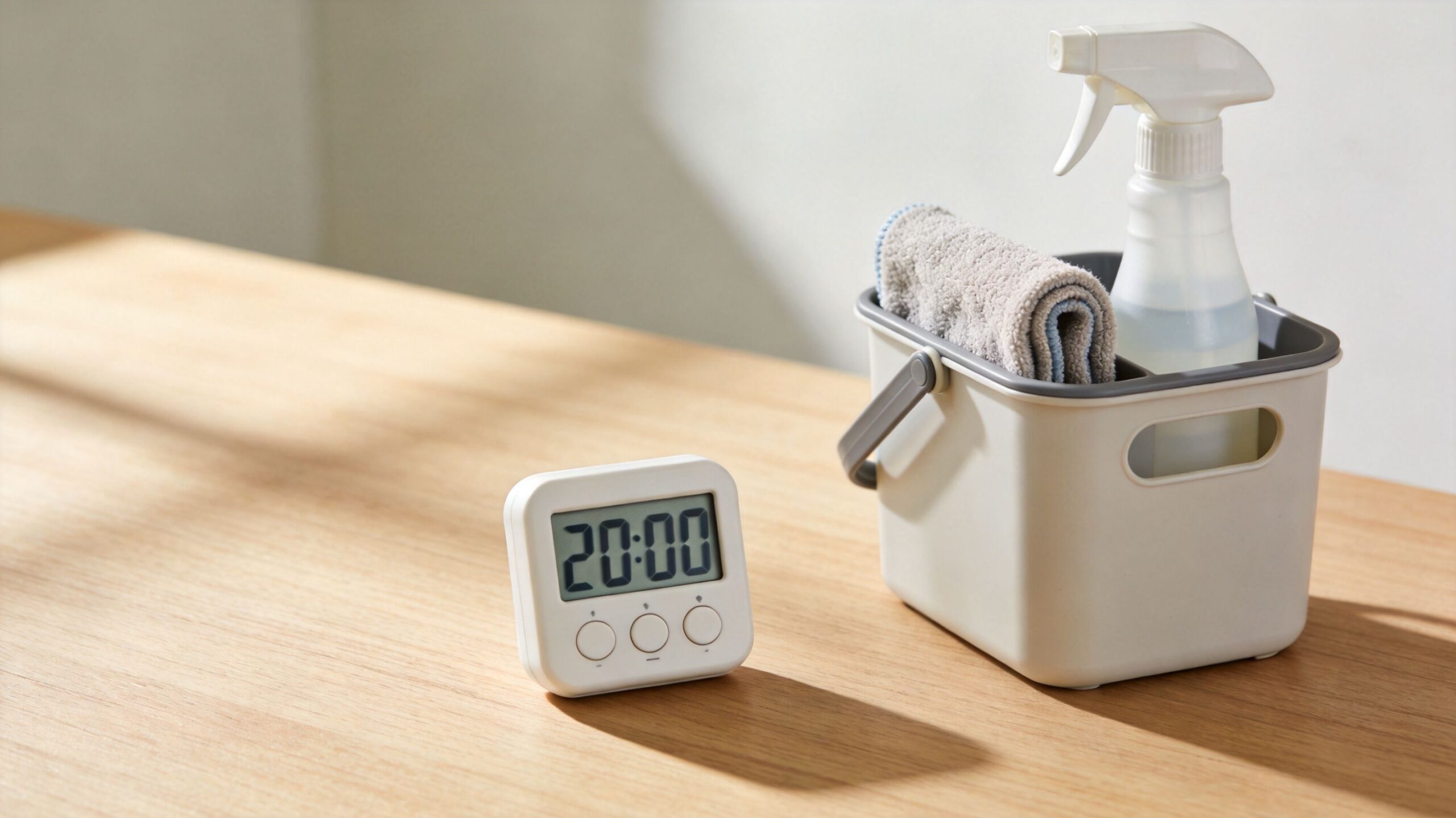 A digital kitchen timer set to twenty minutes beside a cleaning bucket with a cloth and spray bottle.