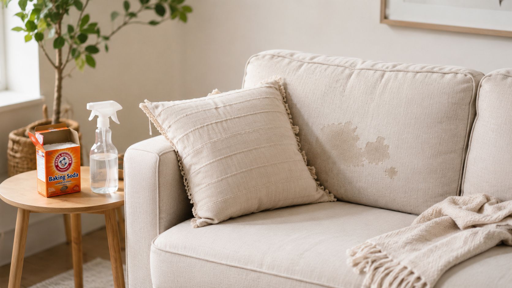 A couch with a stain sits beside a table with baking soda and a spray bottle.