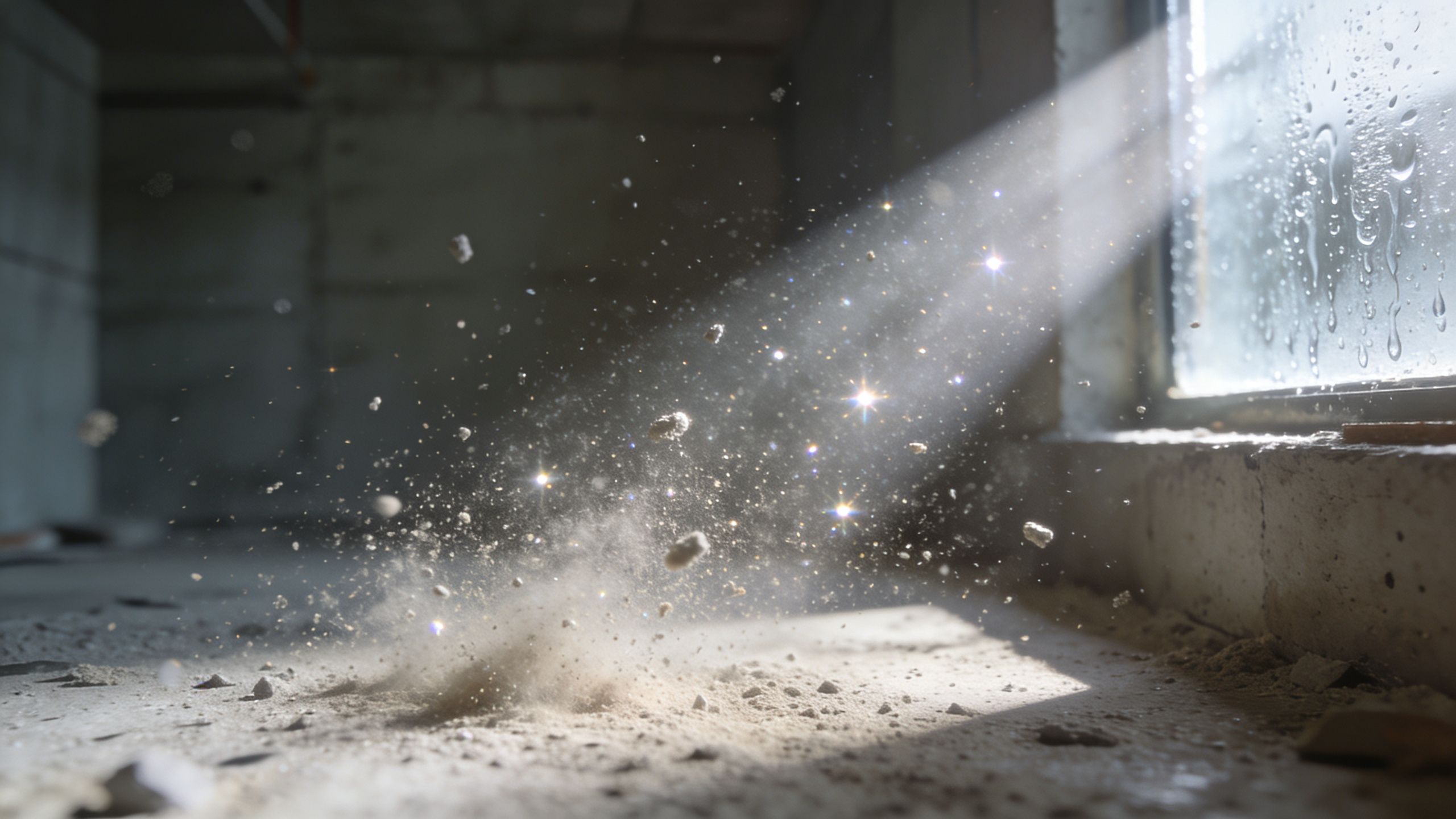 Sunlight streaming through a window into a dusty, unfinished construction area with particles floating in the light.
