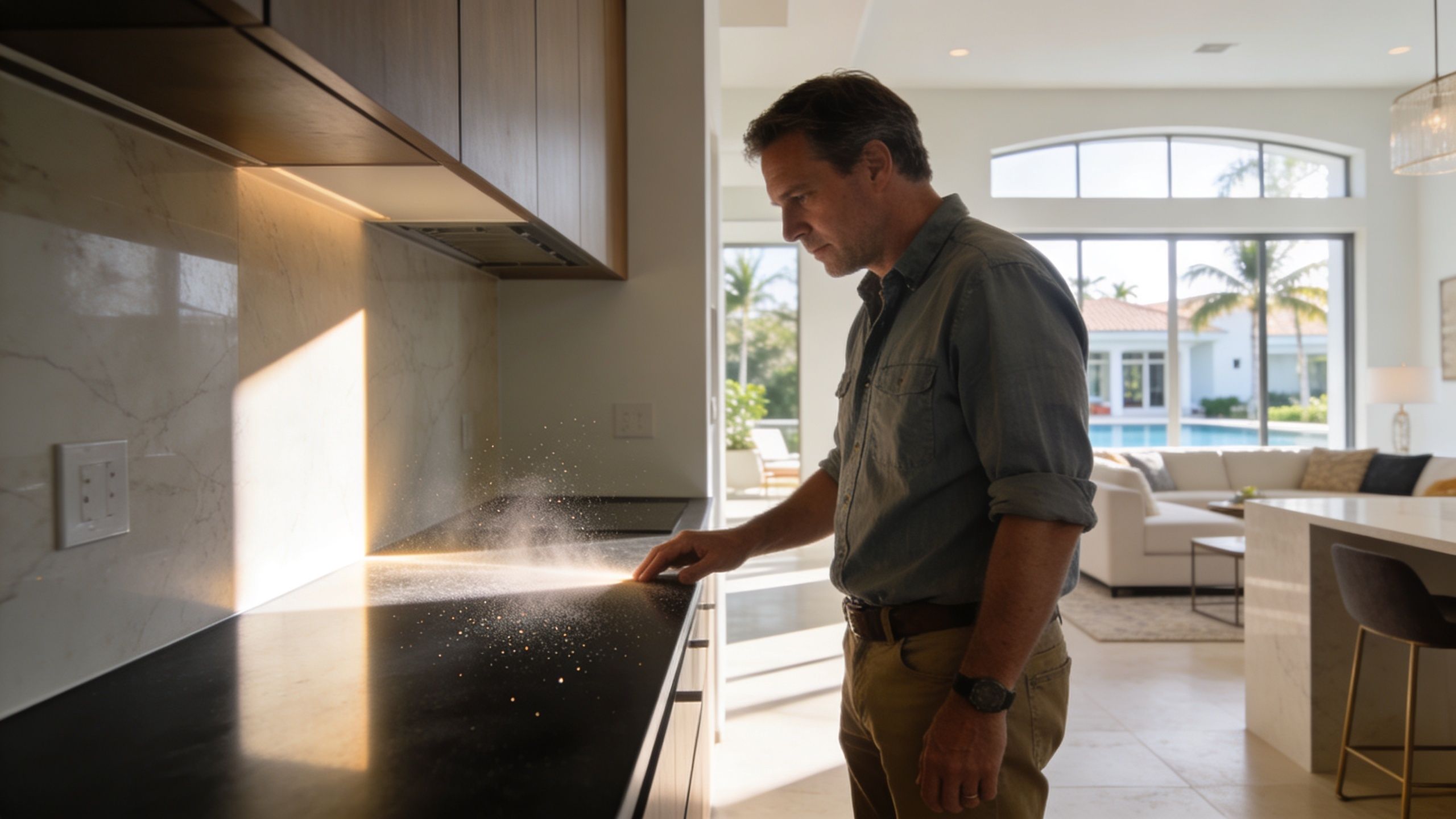 A middle-aged man inspecting a clean, modern kitchen countertop in a new luxury home construction project.