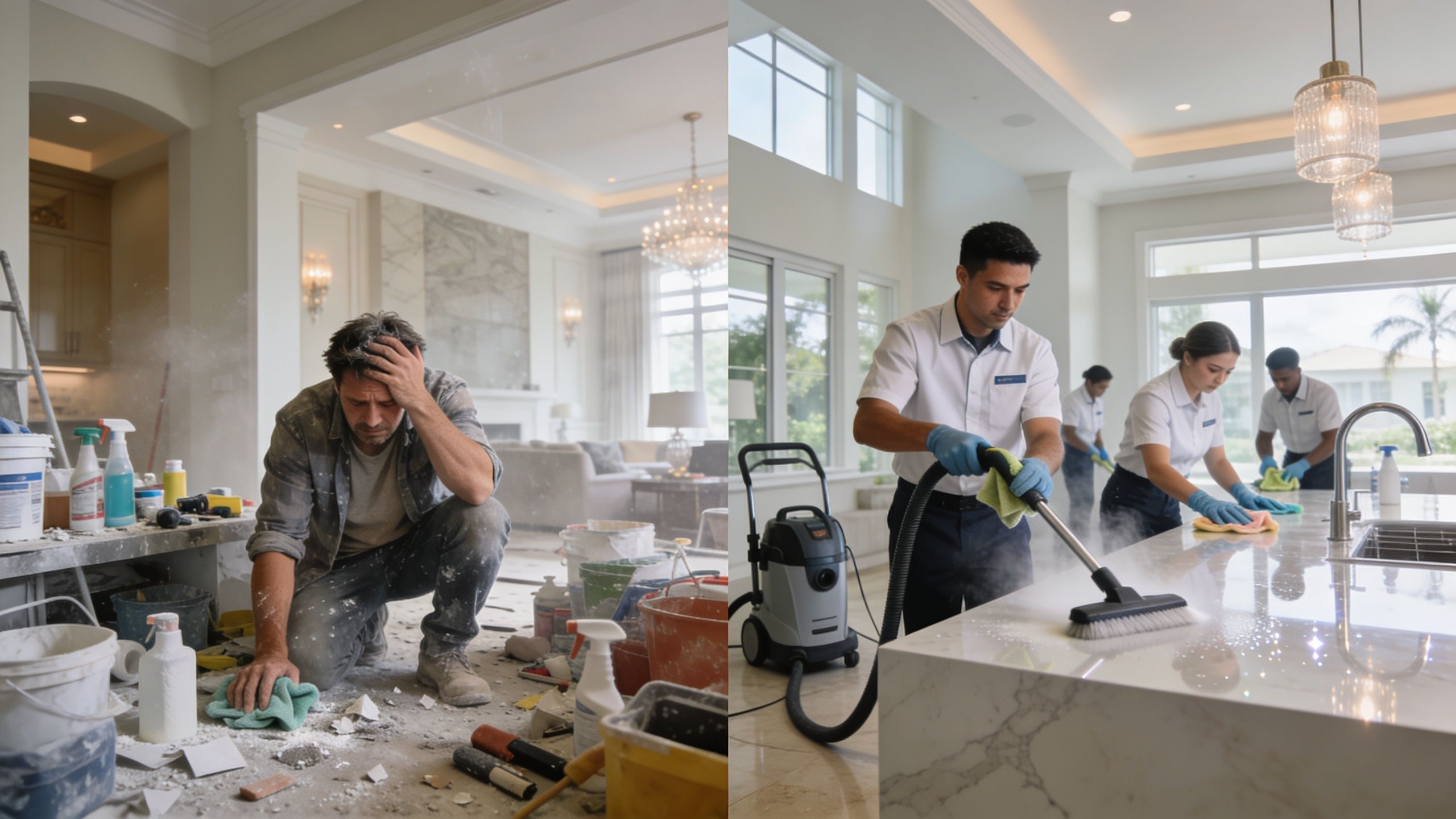 A split-screen comparison showing a stressed man cleaning a dusty construction site versus professional cleaners maintaining a home.