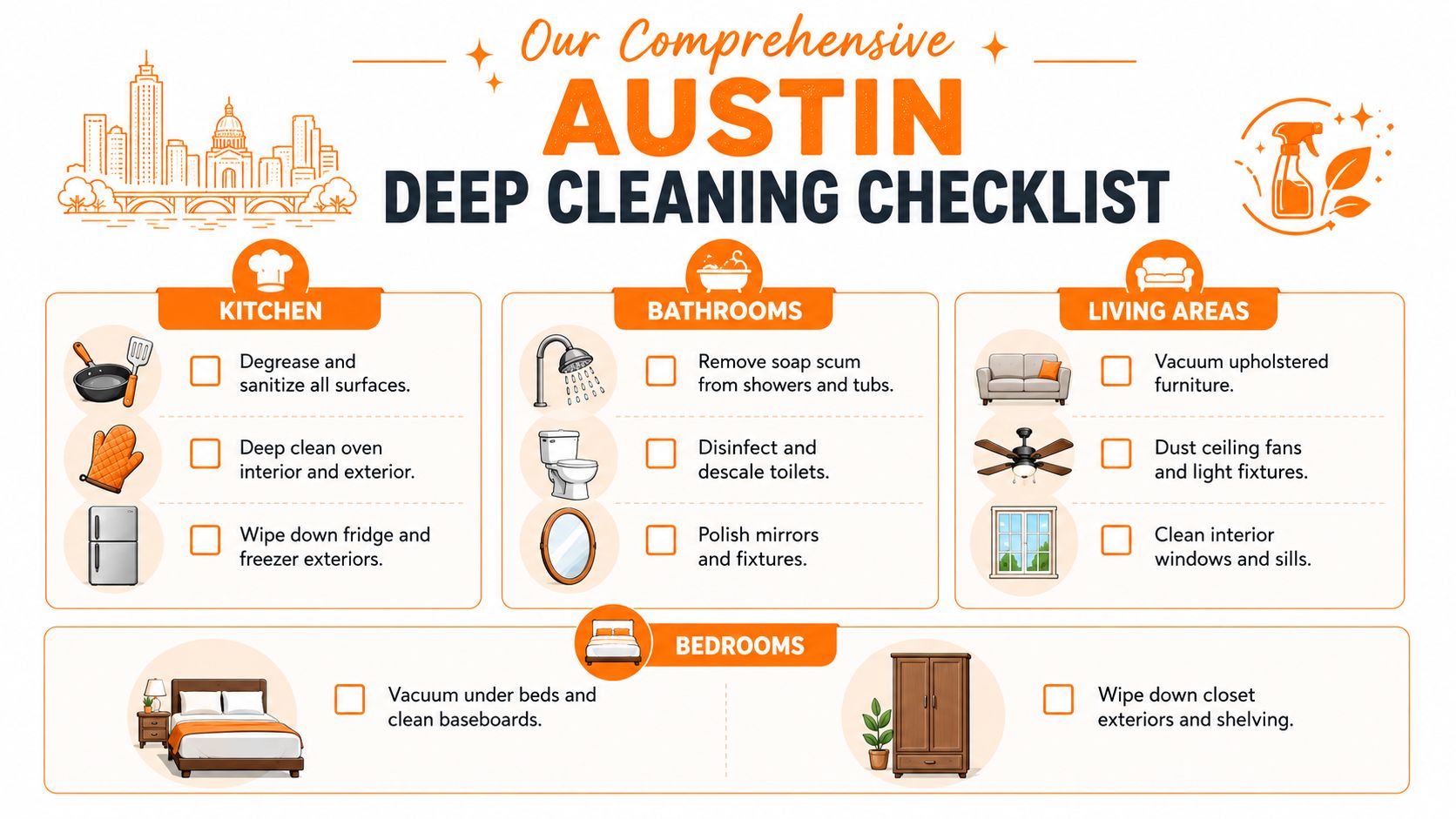 A comprehensive deep cleaning checklist for Austin homes, covering kitchen, bathroom, living area, and bedroom tasks.