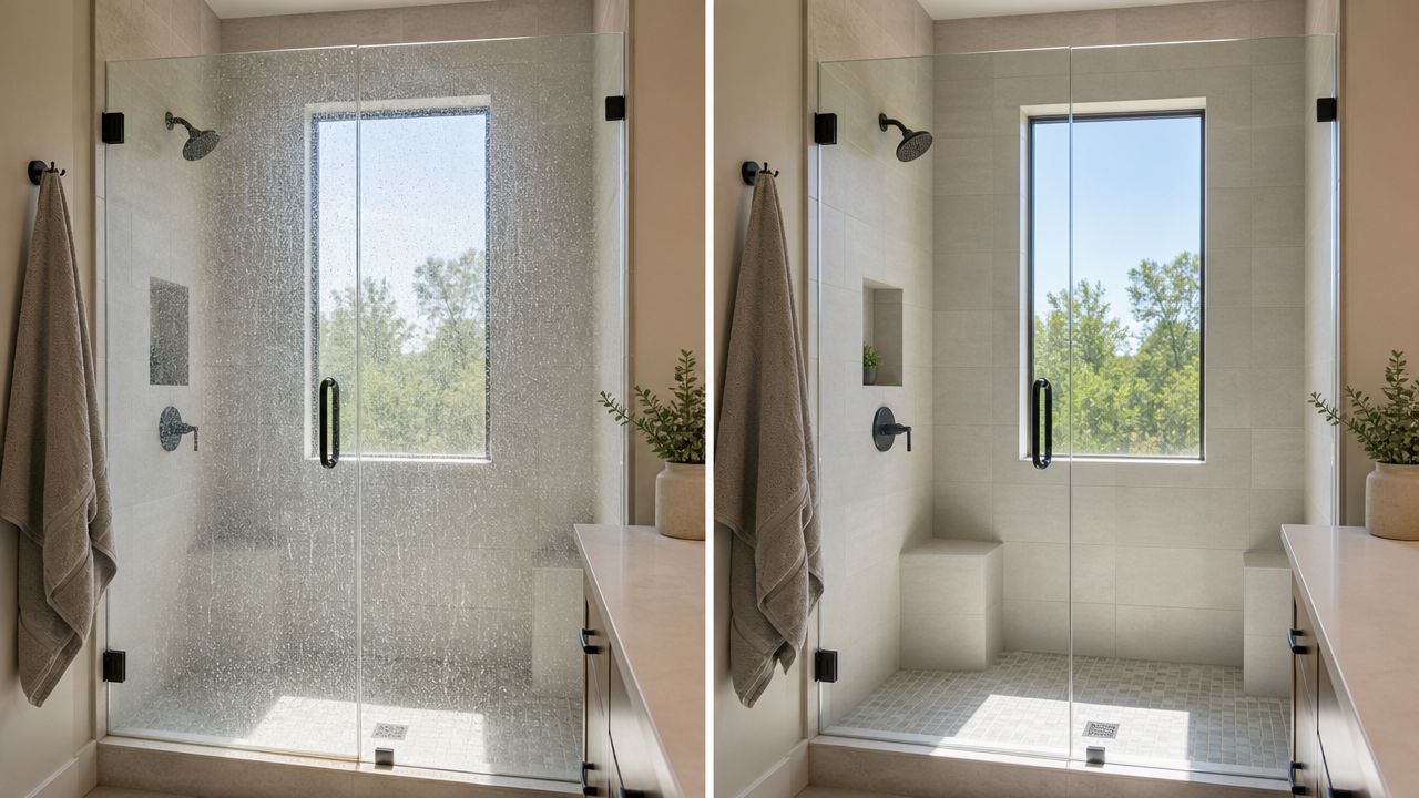 A split image showing a shower glass door before and after professional cleaning services in Austin.