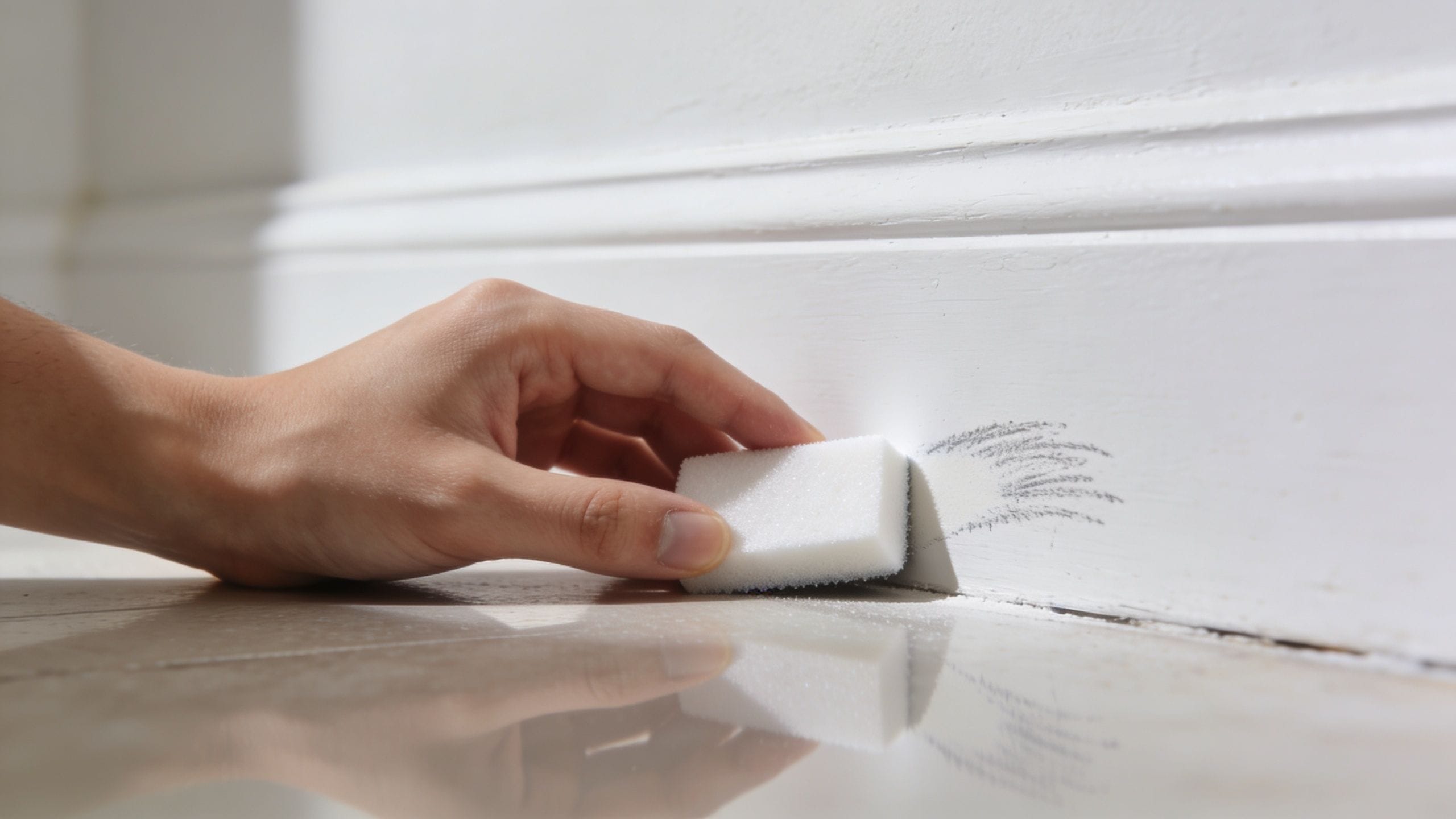 A hand using a melamine magic eraser sponge to remove a dark scuff mark from a white baseboard.