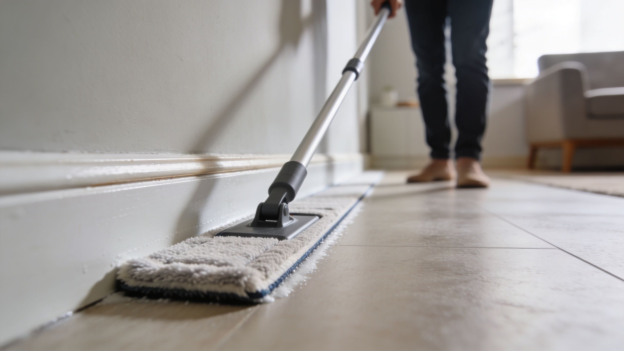A person uses a long-handled mop to clean dust and debris along the baseboards of a tiled floor.