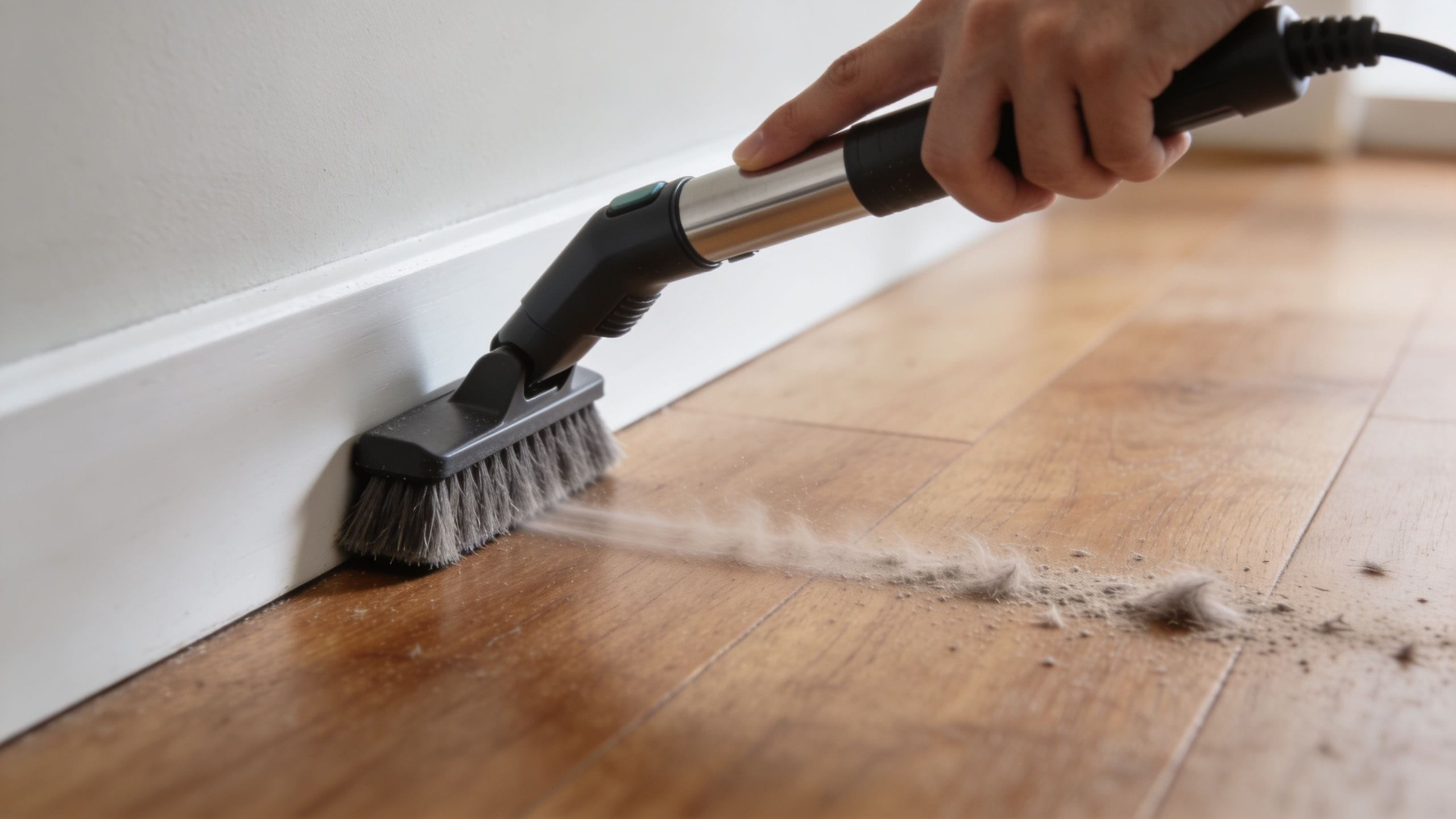 A hand using a vacuum brush attachment to clean dust and debris along a white baseboard.