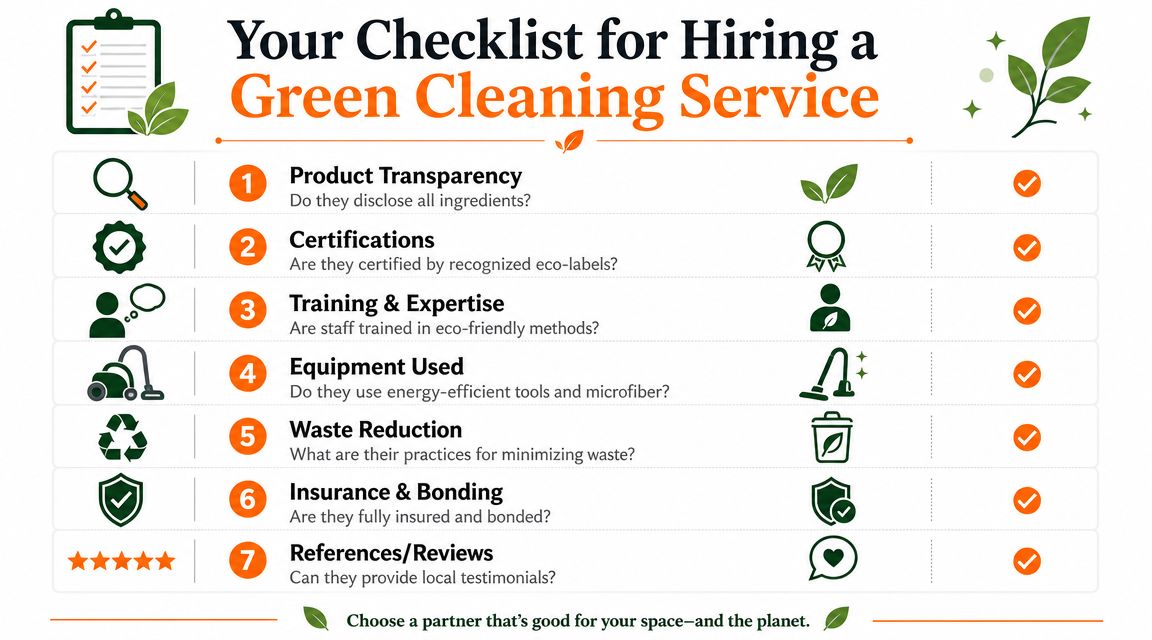 An infographic checklist for selecting professional eco friendly house cleaning services for homes or offices.