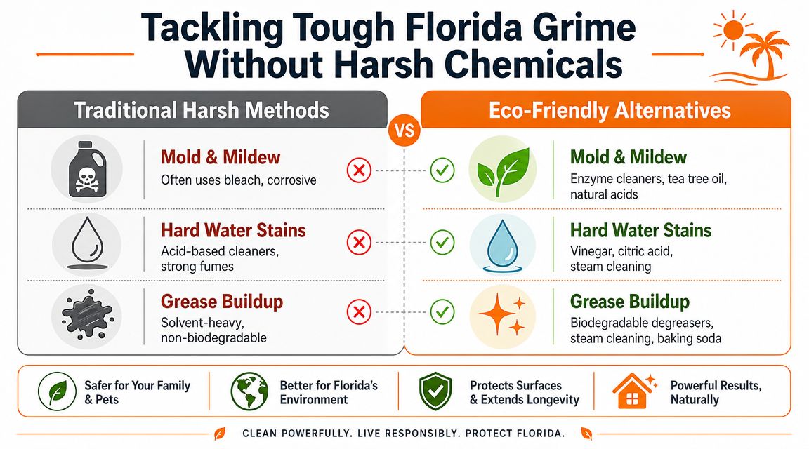 A comparison infographic showing eco-friendly alternatives to harsh chemicals for tackling mold, water stains, and grease in Florida.
