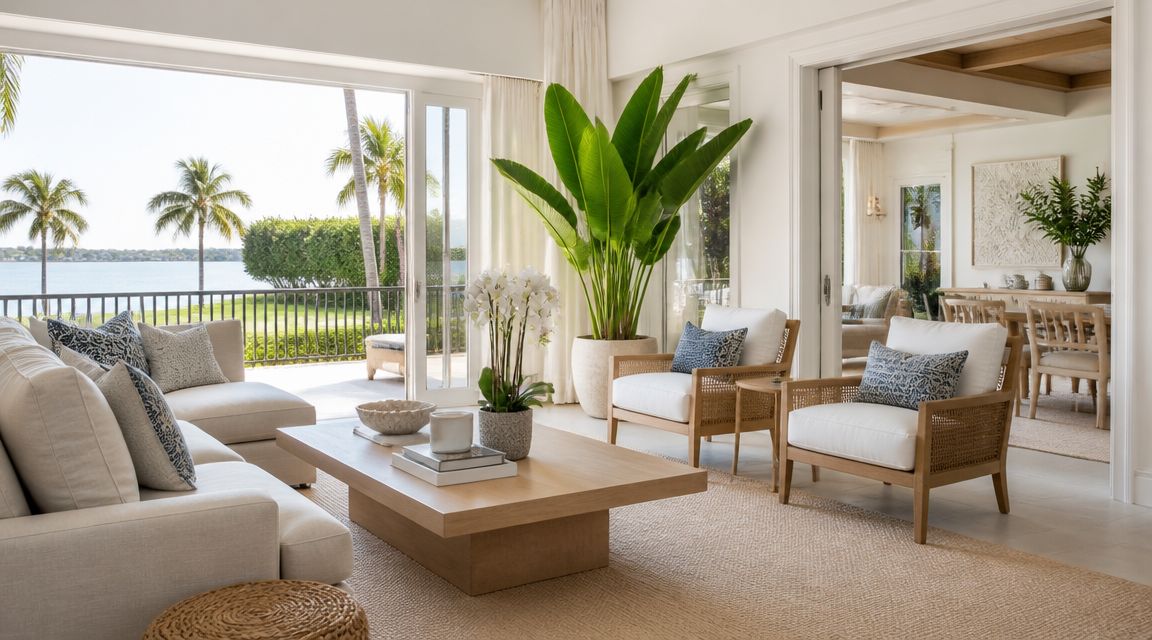 A bright, airy coastal living room with neutral furniture, a large plant, and a scenic water view.