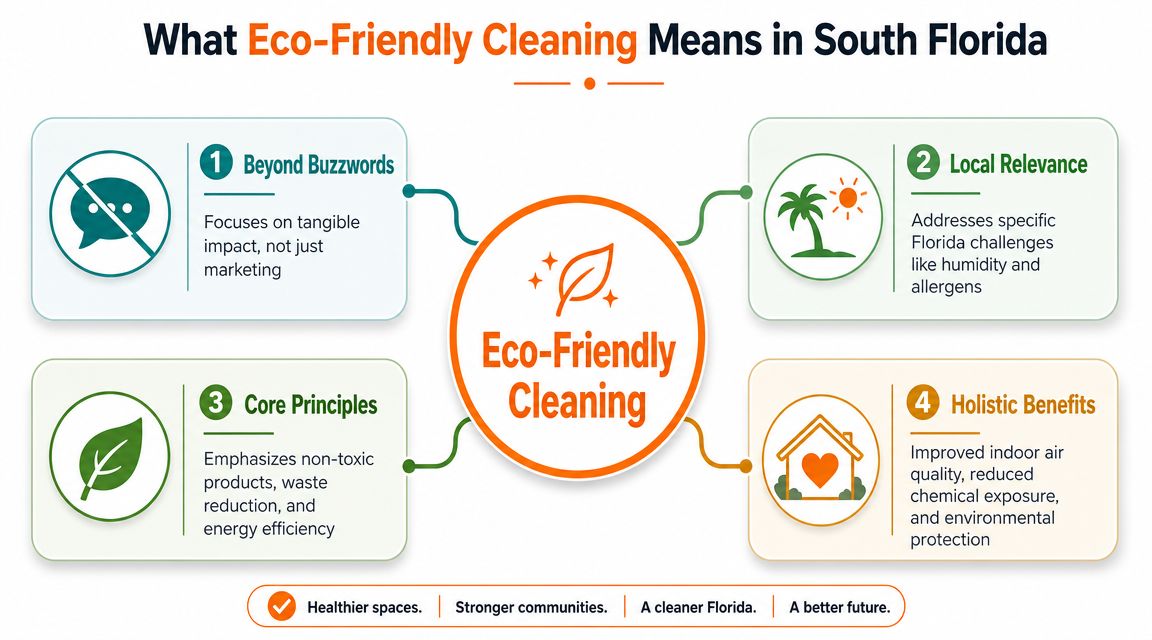 An infographic titled What Eco-Friendly Cleaning Means in South Florida with four key pillars explained.