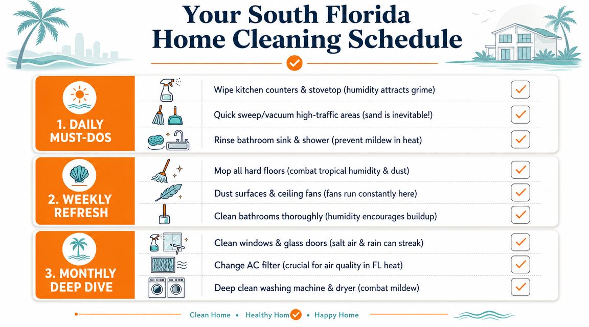 An infographic showing a three-part South Florida home cleaning schedule categorized by daily, weekly, and monthly tasks.
