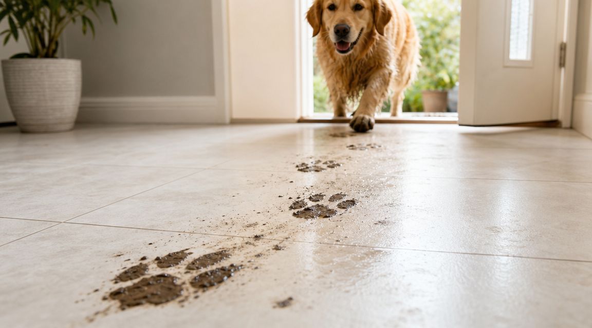 A golden retriever enters a house, leaving a trail of muddy paw prints on a tiled floor.