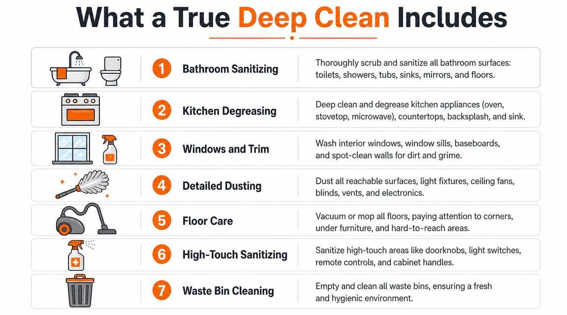 A checklist infographic titled What a True Deep Clean Includes, detailing seven essential cleaning service categories.