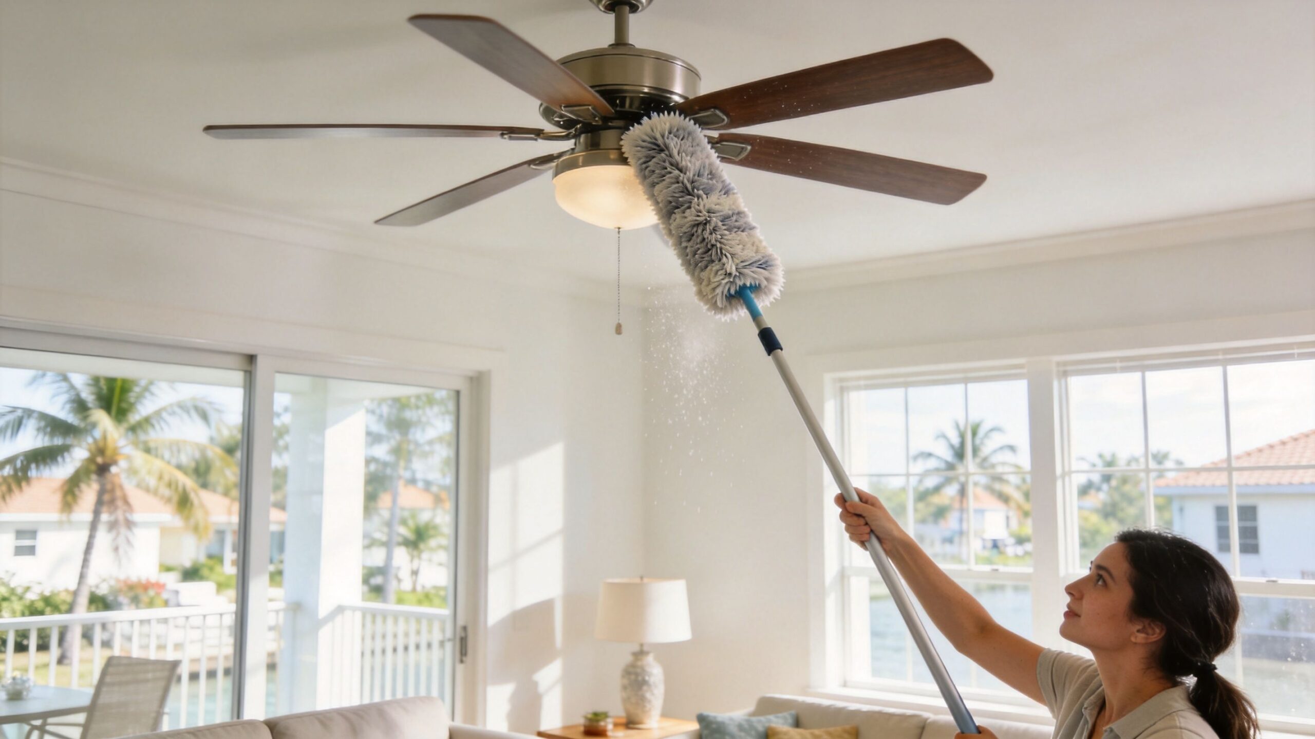 A woman uses a long duster to clean dust from a ceiling fan before moving into a house.