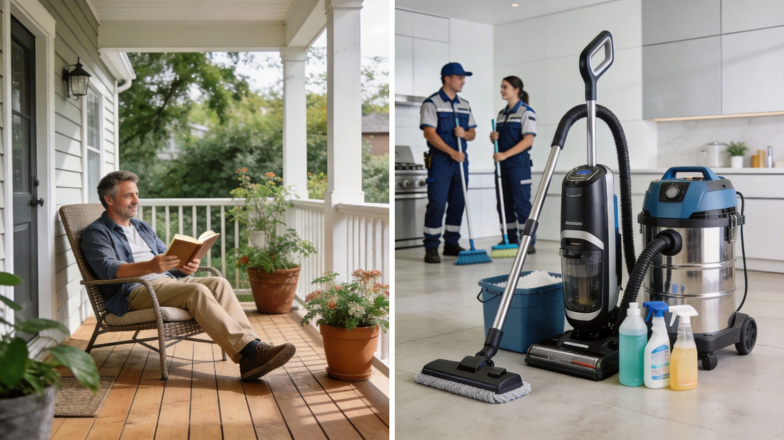 A man reads on a porch while professional cleaners work inside a home with vacuuming equipment.