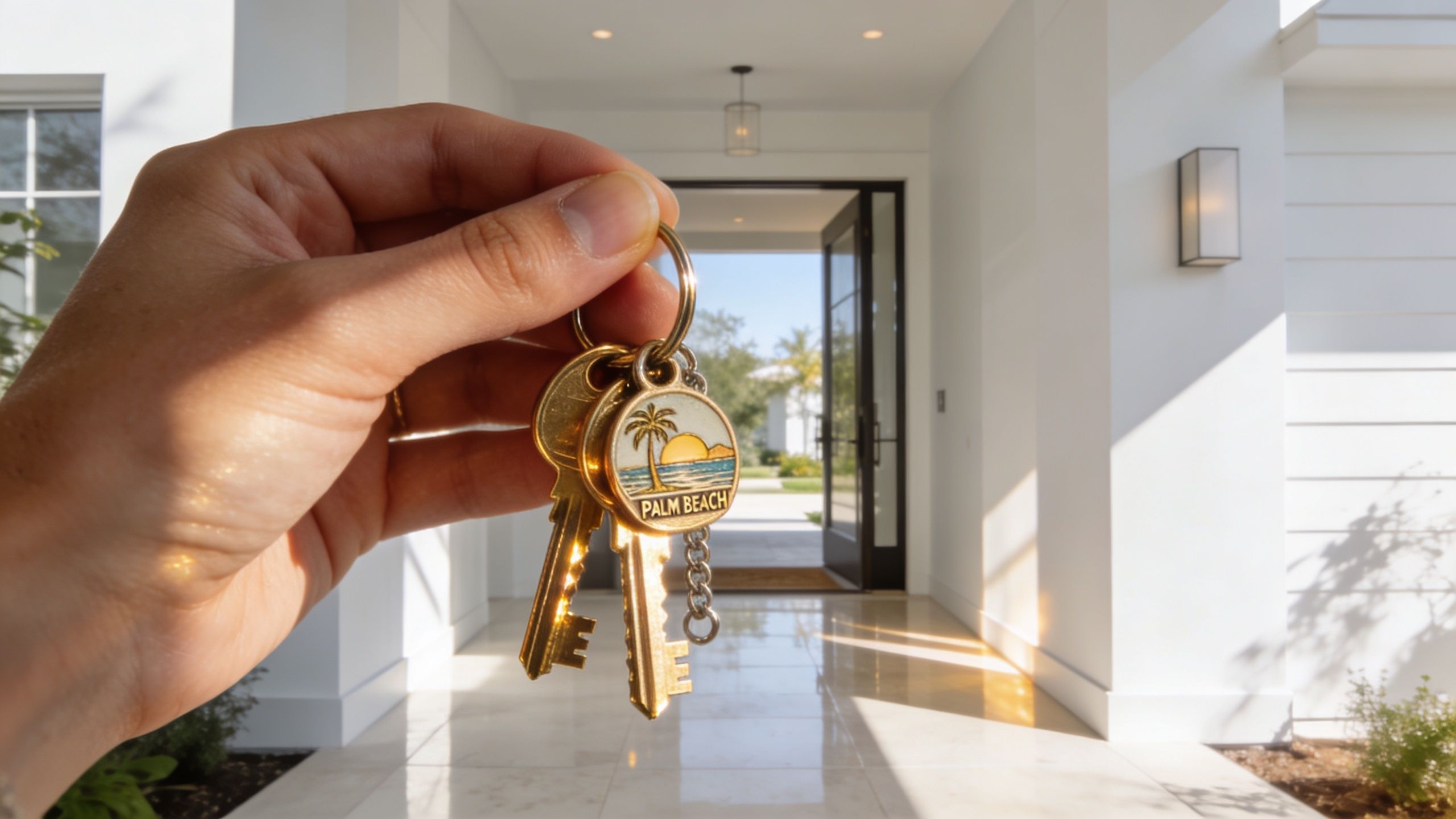 A hand holds a gold keychain with a Palm Beach tag and keys in front of a house entrance.