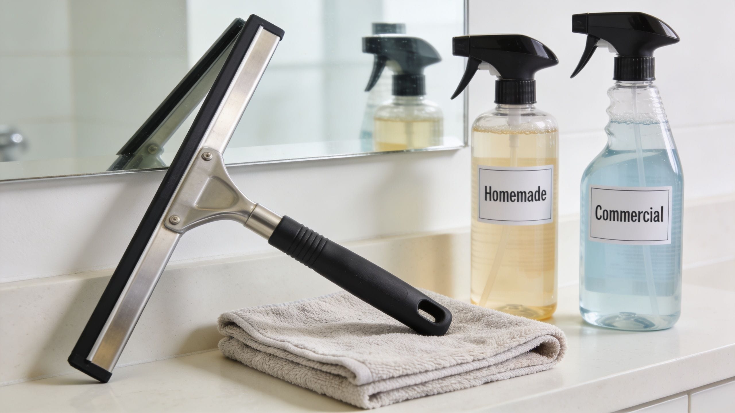 A squeegee, a folded microfiber cloth, and two spray bottles labeled Homemade and Commercial on a bathroom counter.