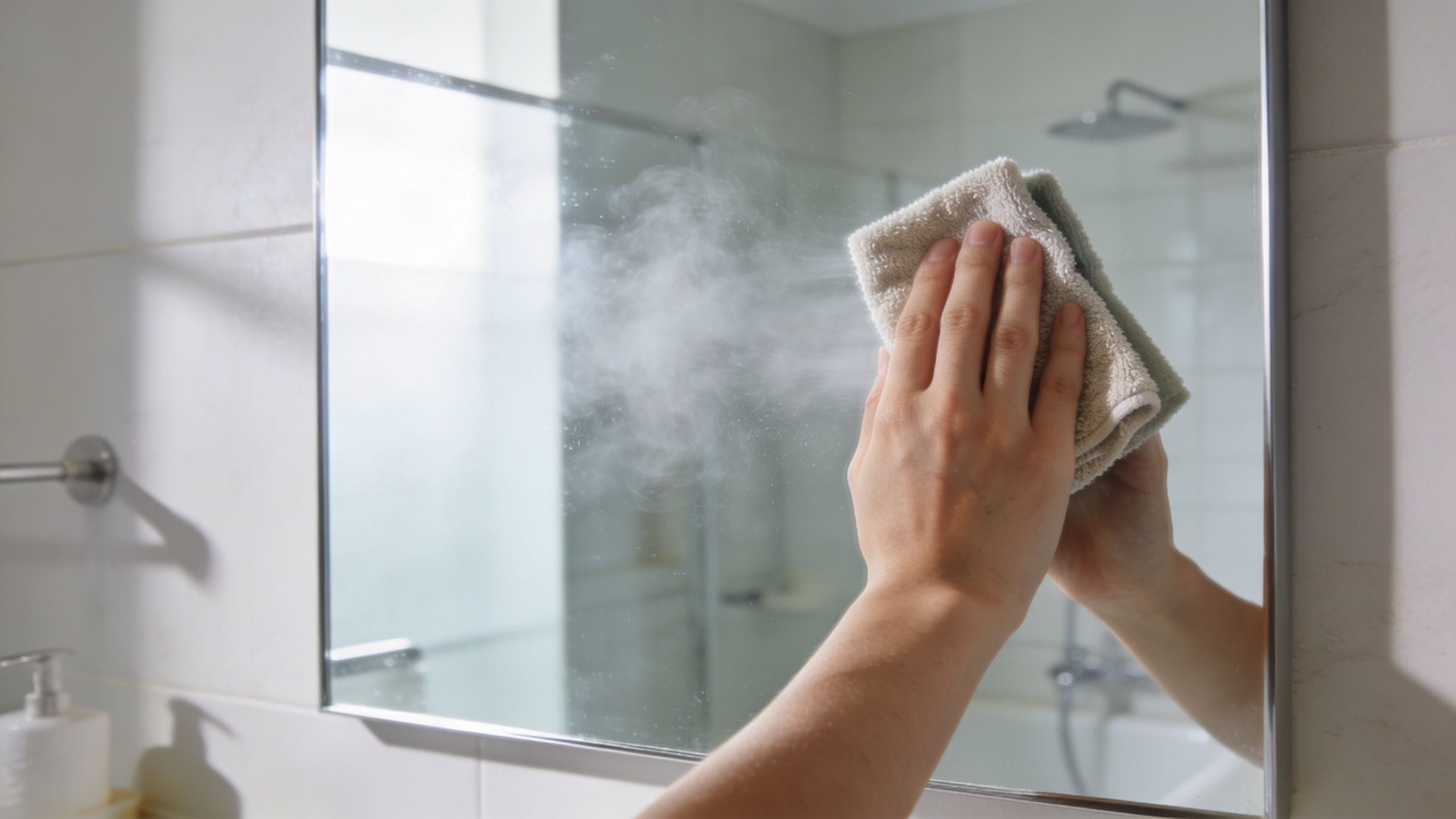 A person wiping steam and condensation off a bathroom mirror with a small microfiber cleaning cloth.