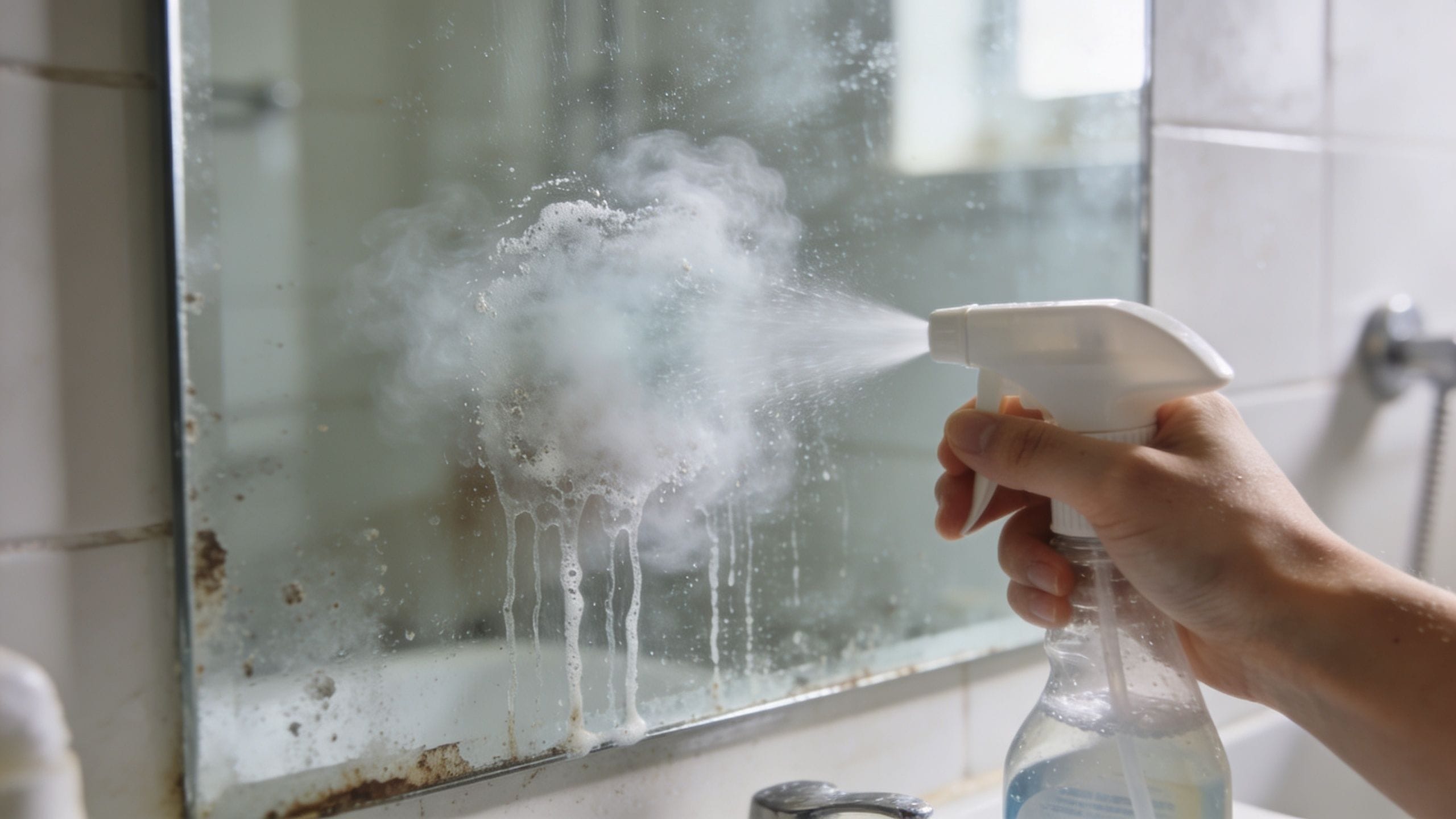 A hand spraying a cleaning solution onto a foggy, stained bathroom mirror to clean it.