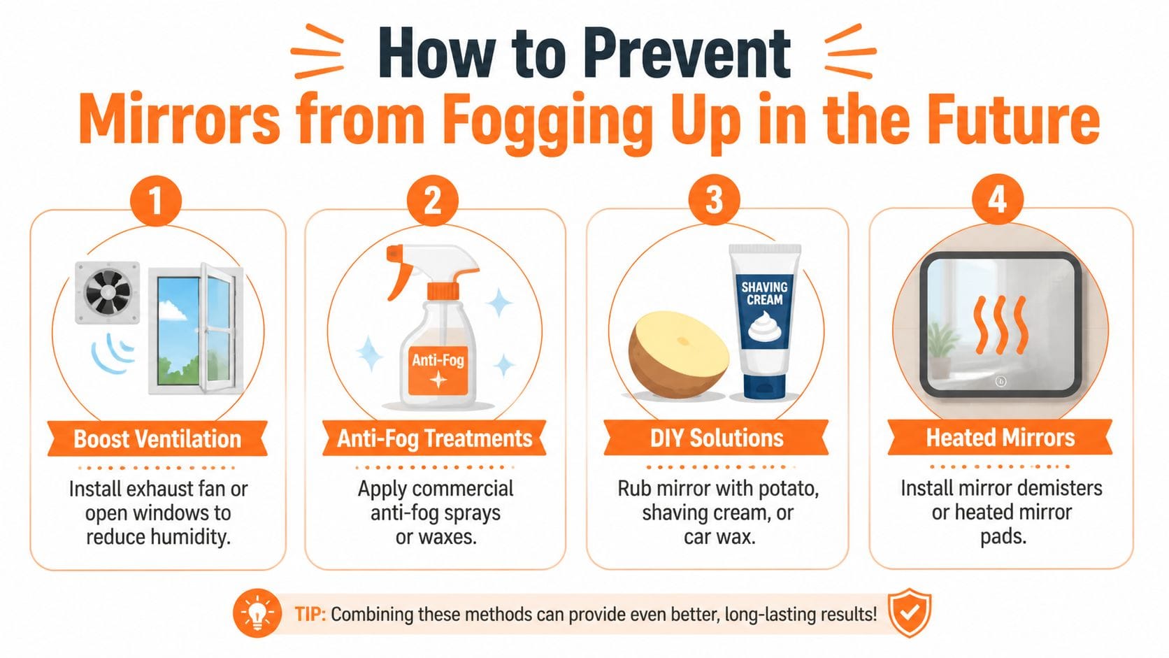 An infographic showing four effective methods to prevent bathroom mirrors from fogging up in the future.