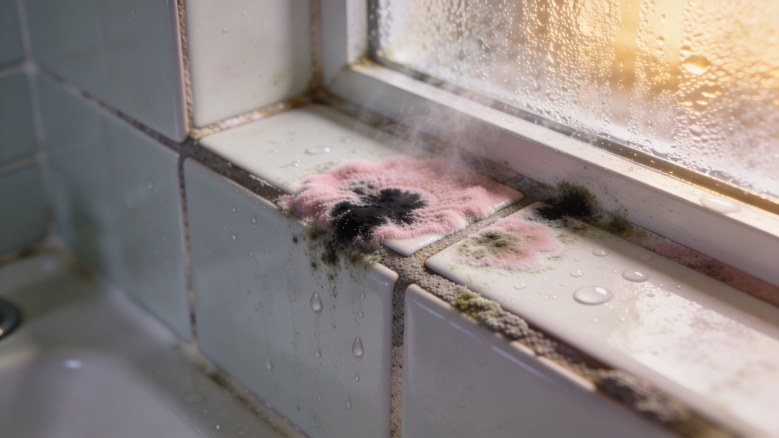 A close-up view of bathroom window tiles covered in visible pink and black mold growth with condensation.