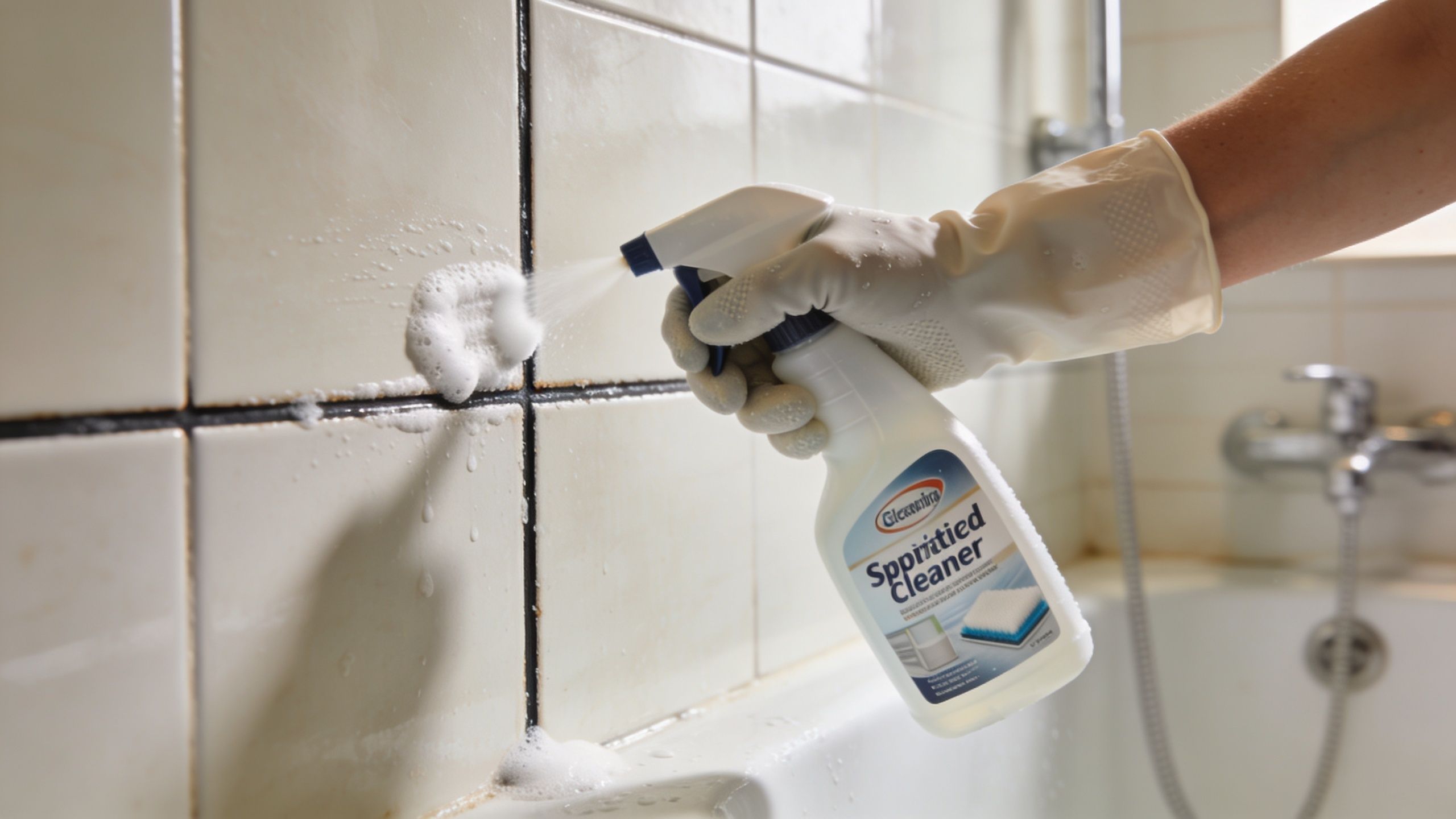 A hand wearing a rubber glove cleaning bathroom tile grout with a spray cleaner and foam.