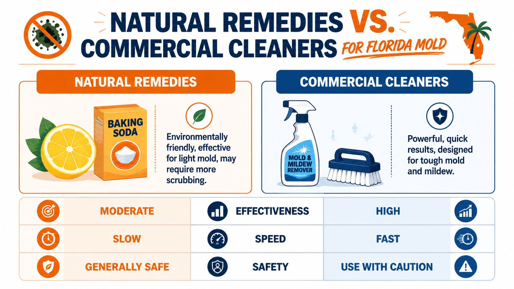 A comparison infographic between natural remedies and commercial cleaners for removing mold in Florida homes.