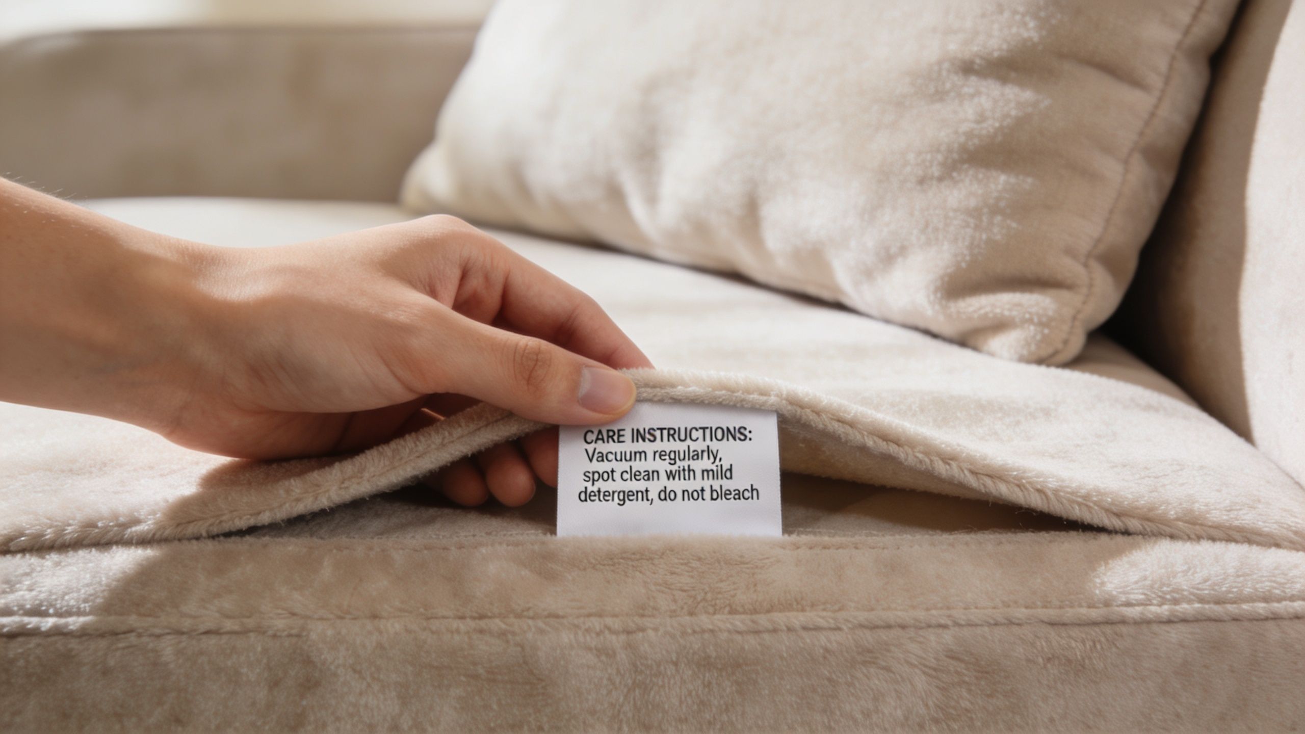 A hand holding a care instructions label on a beige microfiber sofa cushion.