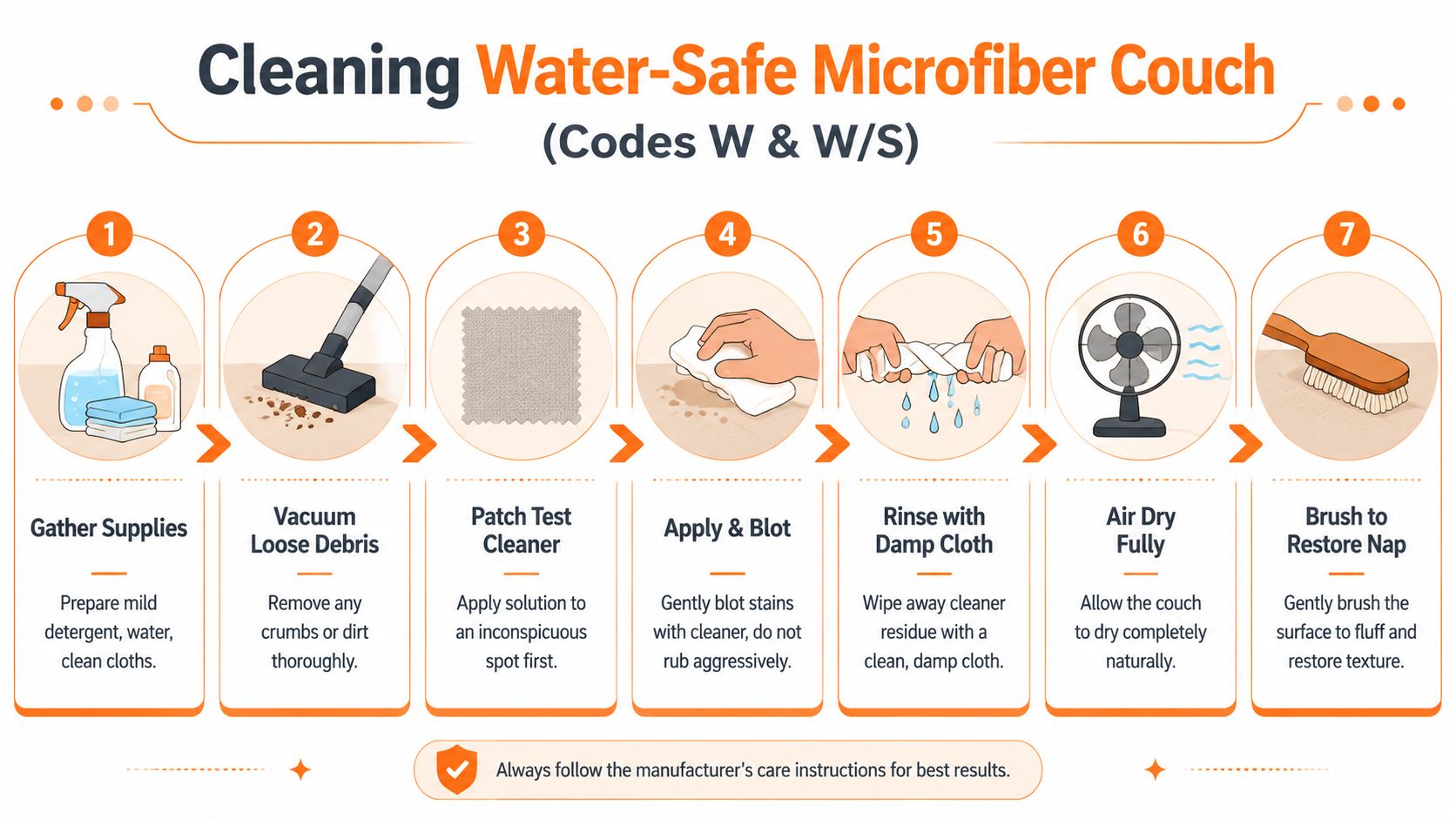 A seven-step instructional infographic showing how to clean a water-safe microfiber couch using proper techniques.