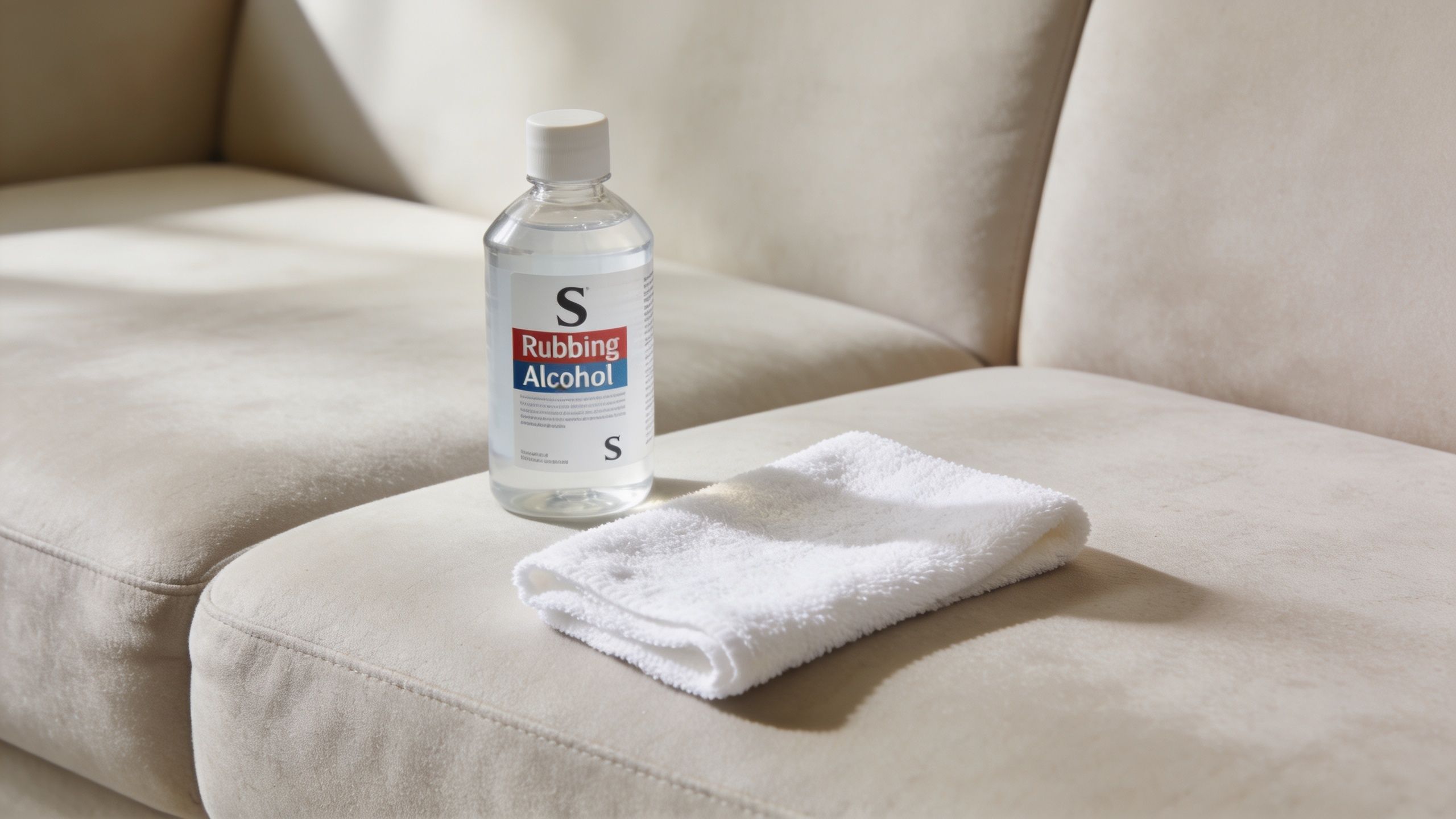A bottle of rubbing alcohol and a clean white towel on a microfiber couch for cleaning.