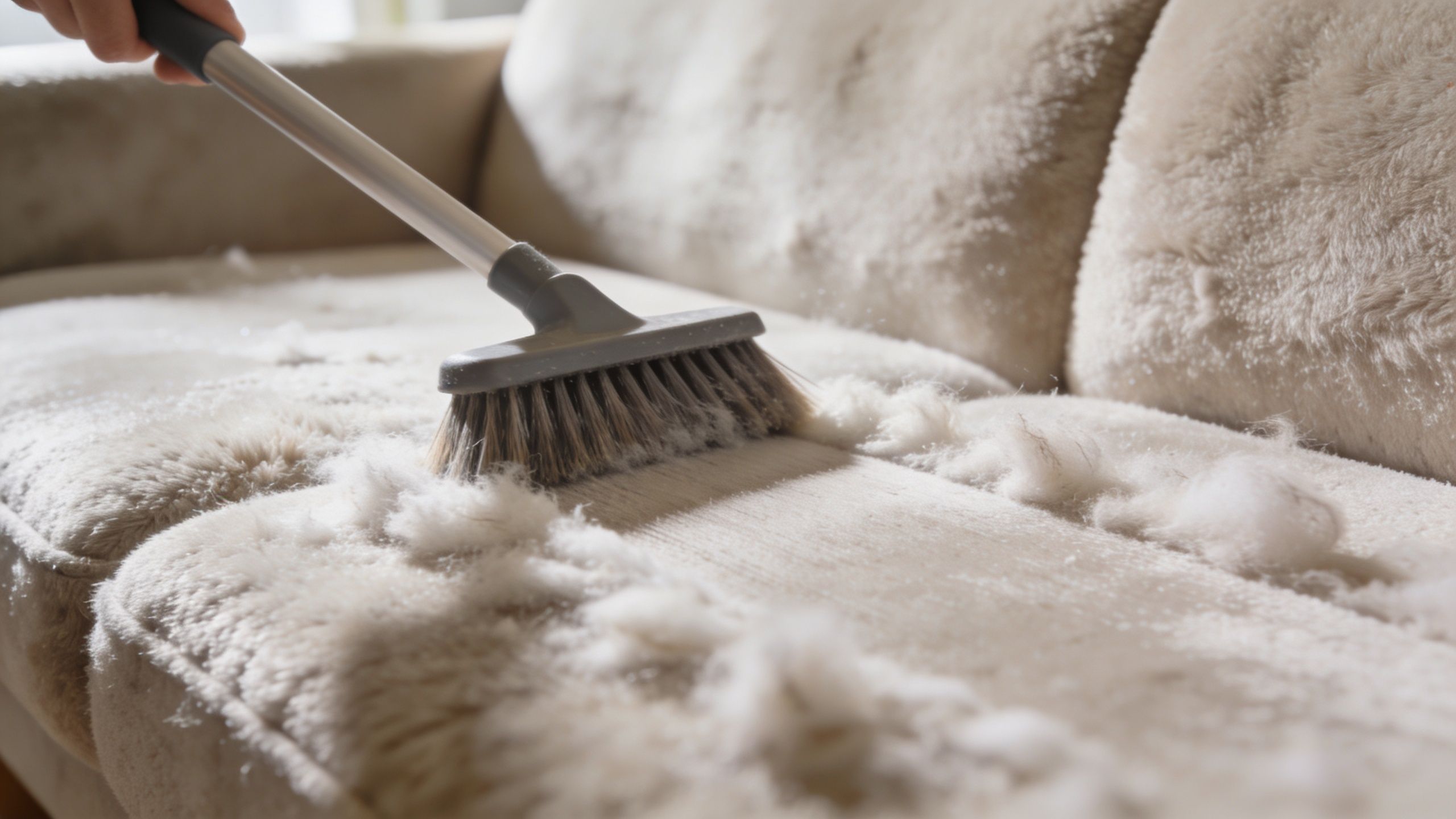 A hand using a bristled vacuum brush attachment to remove pet hair from a beige microfiber couch.
