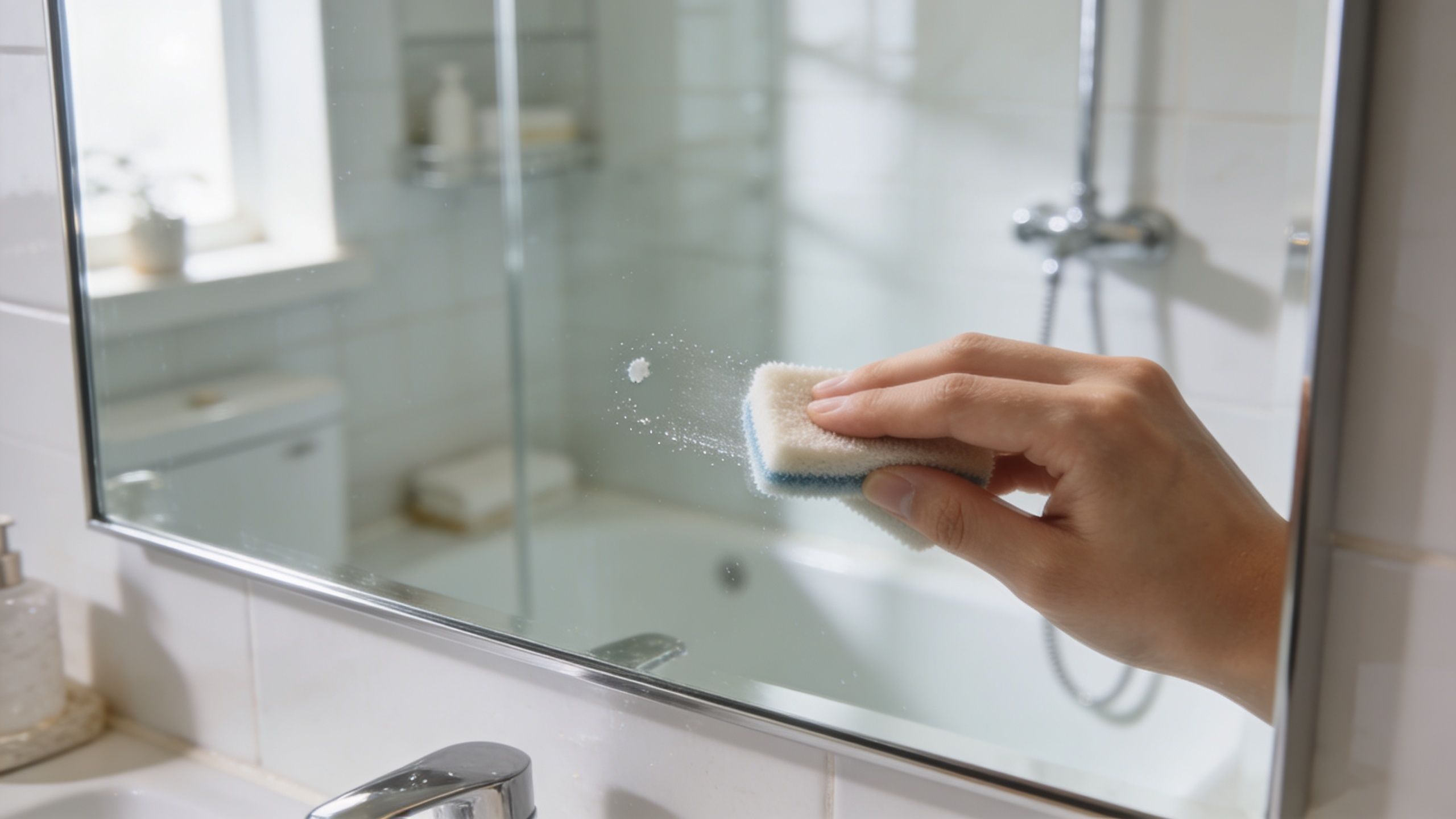 A close-up of a hand cleaning a bathroom mirror with a white and blue sponge.