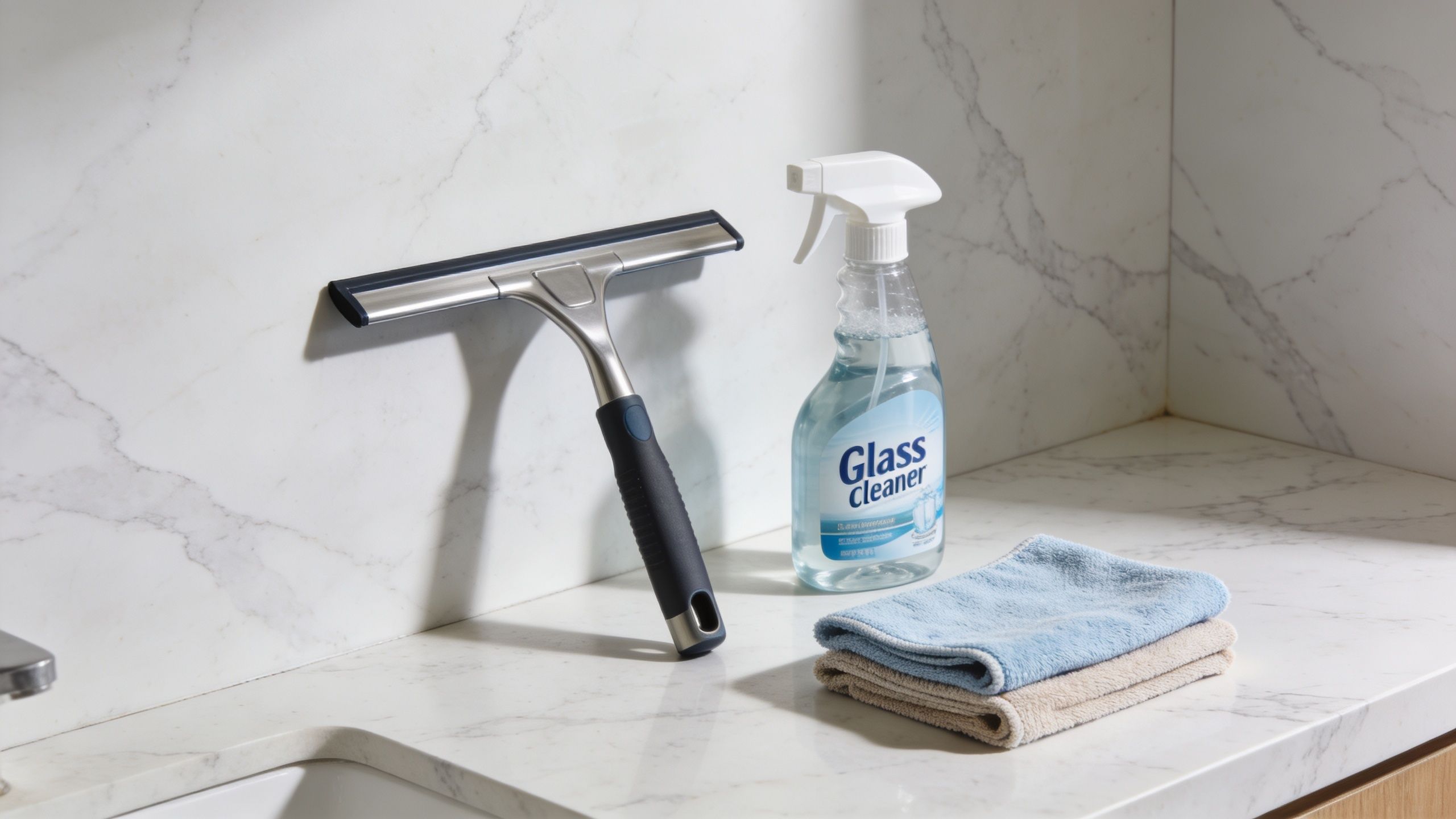 A squeegee, a bottle of glass cleaner, and folded microfiber cloths on a marble countertop.