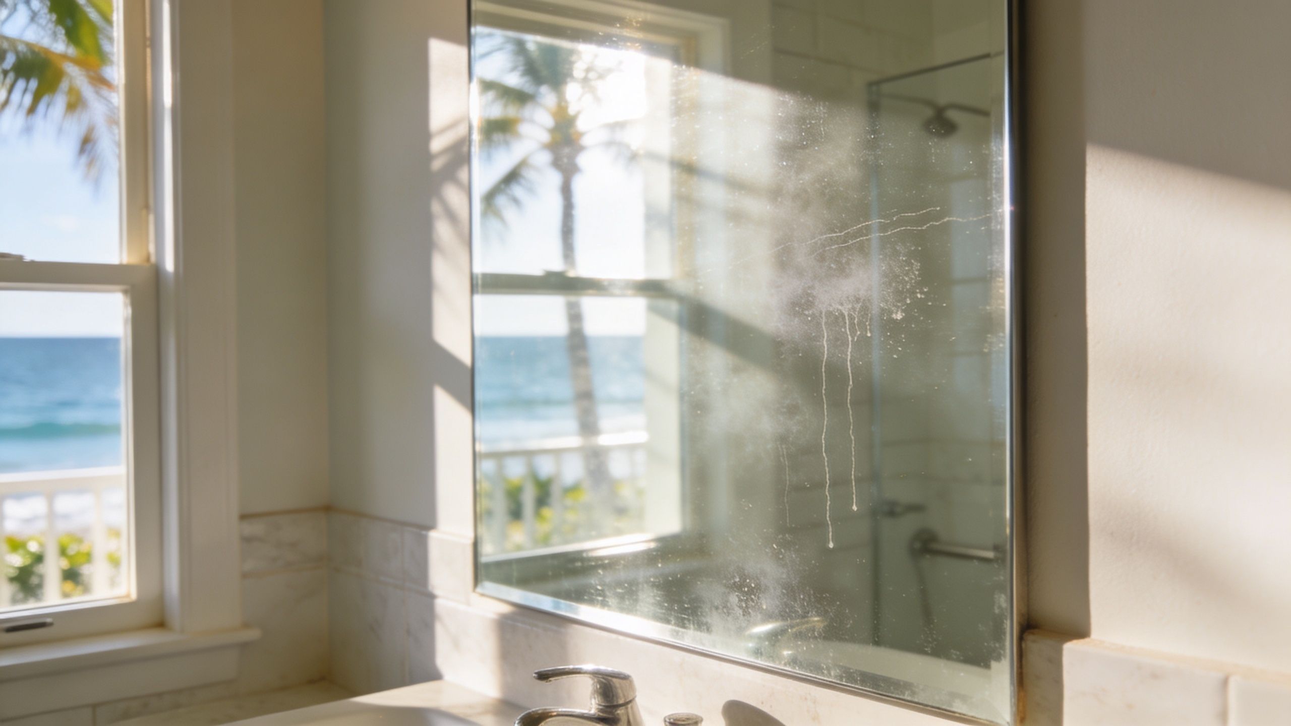A dirty bathroom mirror with streaks and water spots reflecting a view of the ocean and palm trees.