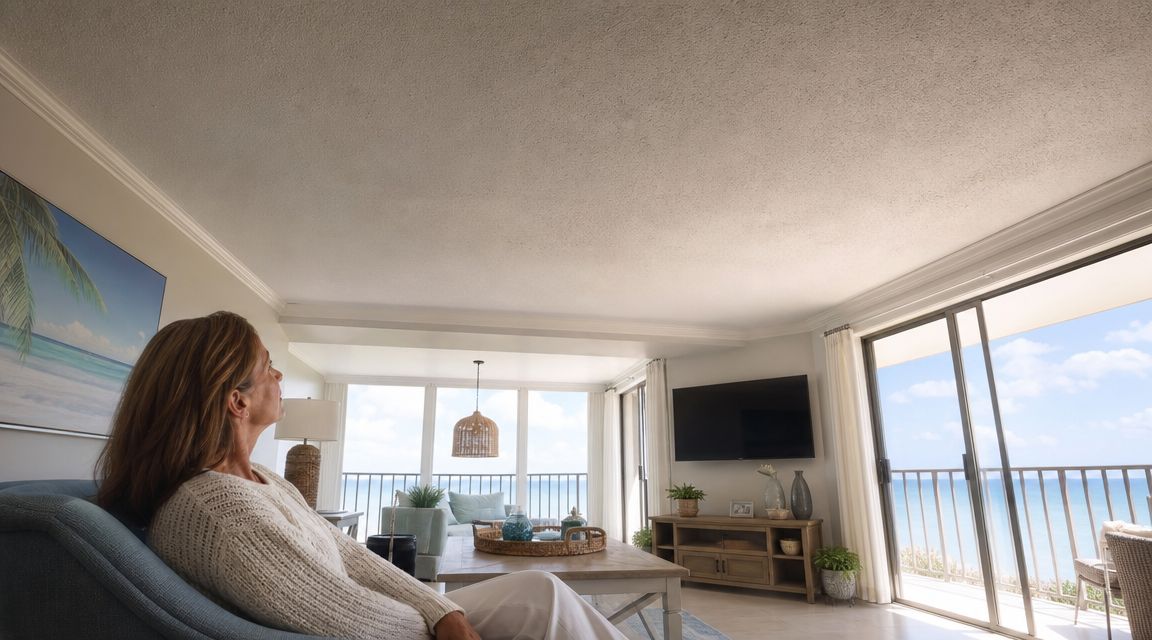 A woman relaxes on a sofa in a bright living room featuring a textured ceiling overlooking the ocean.
