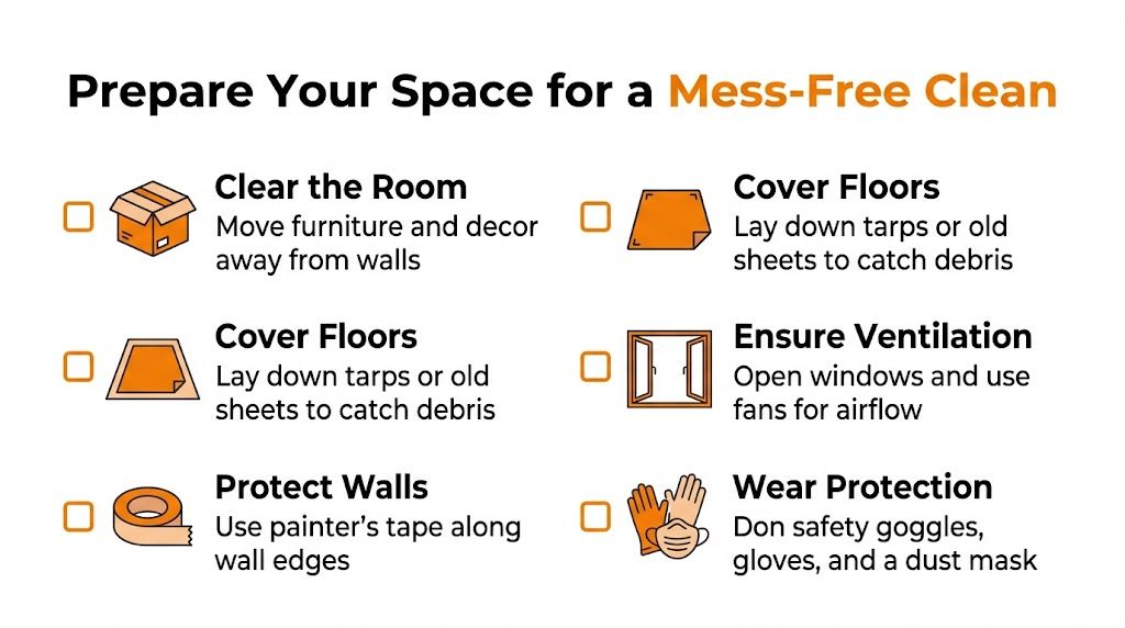 A checklist for preparing your room for a clean project, including clearing furniture and wearing safety gear.