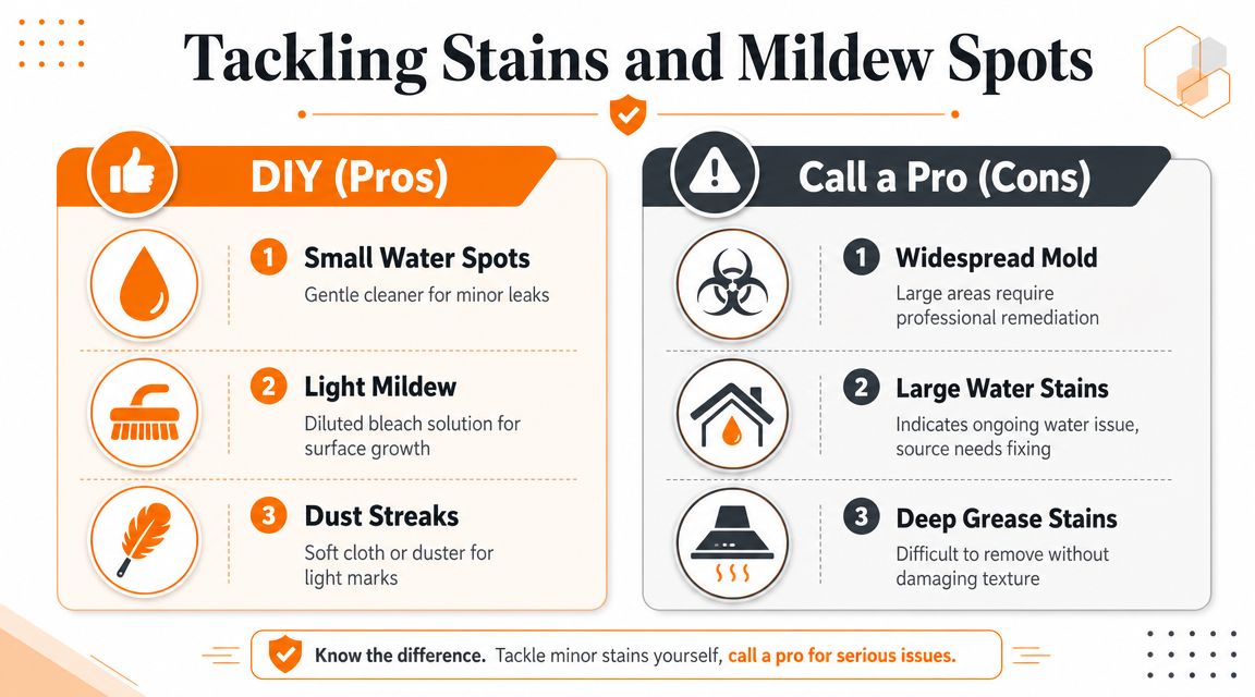 An infographic showing when to clean textured ceilings yourself and when to call a professional.