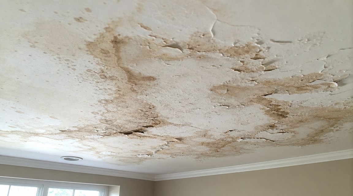 A severely damaged interior ceiling with significant water stains and peeling plaster indicating a major leak.