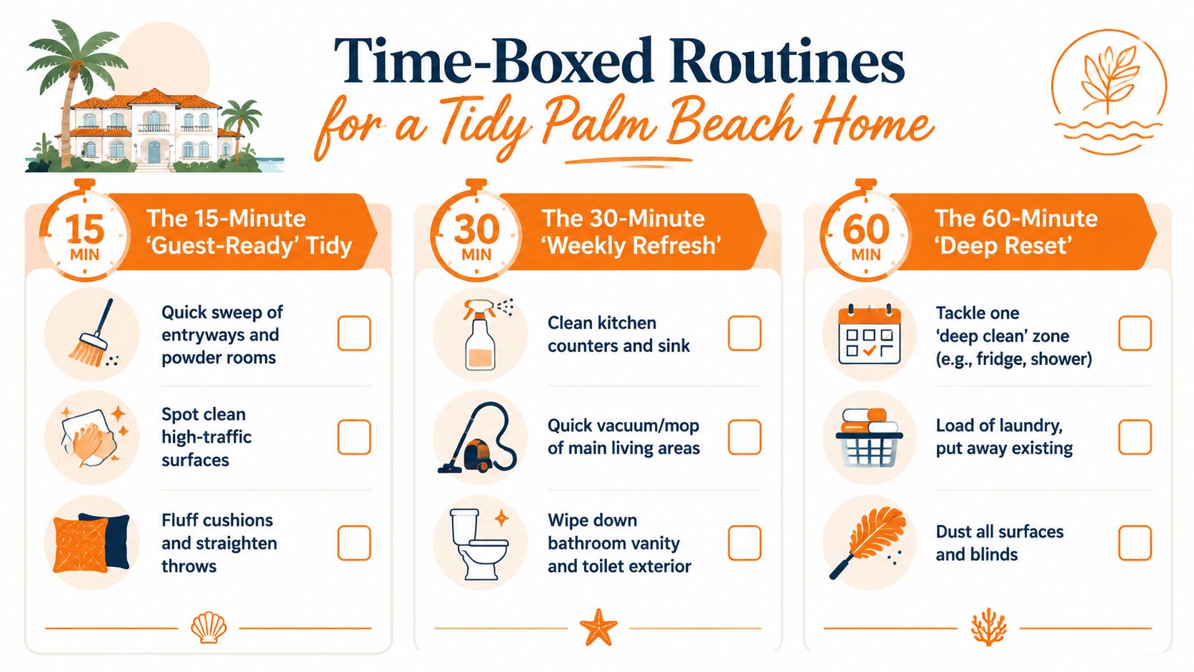 A cleaning infographic showing three time-boxed routines for house maintenance labeled 15, 30, and 60 minutes.