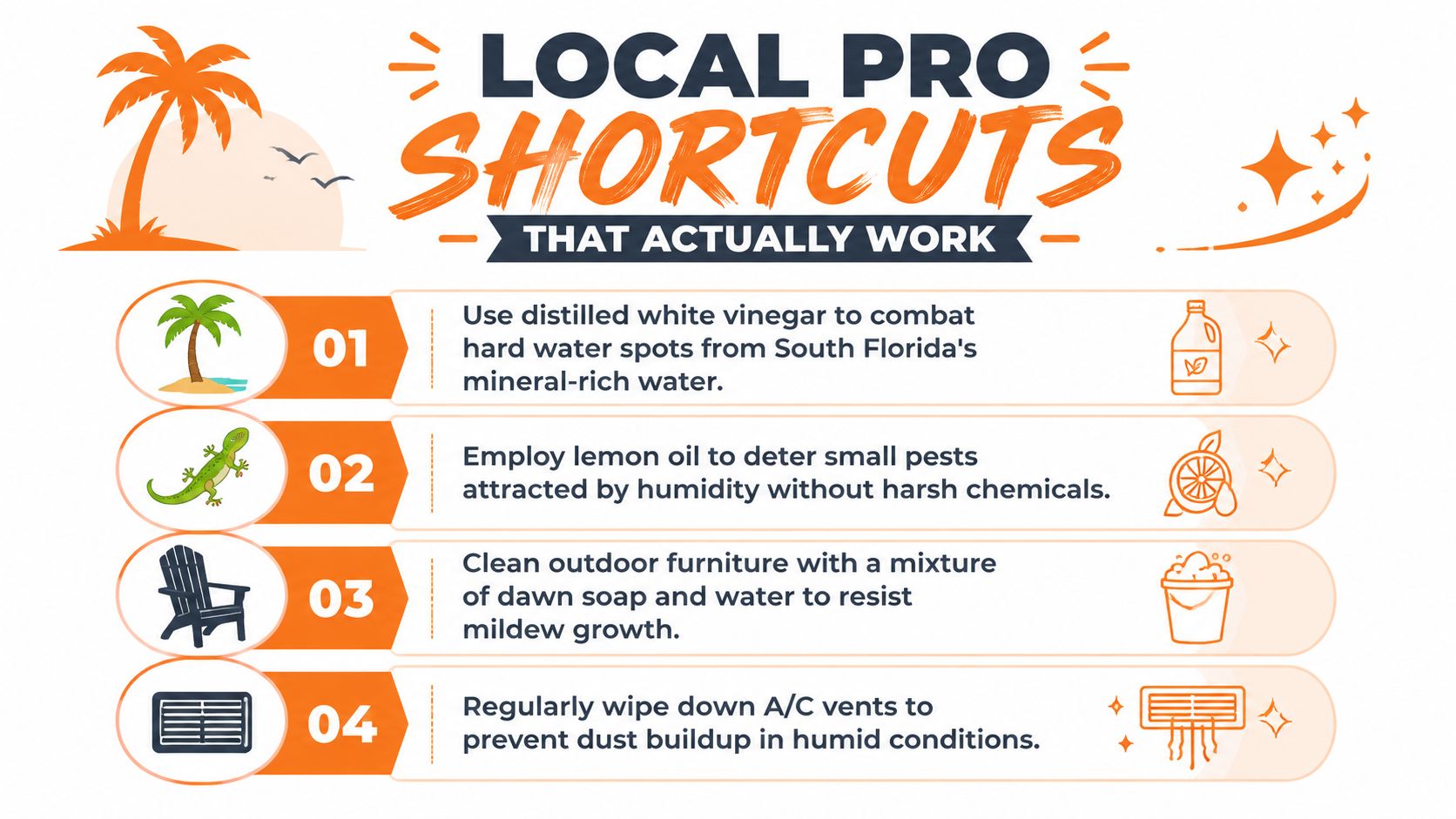 A helpful infographic featuring four professional cleaning shortcuts for maintaining a home in a humid climate.